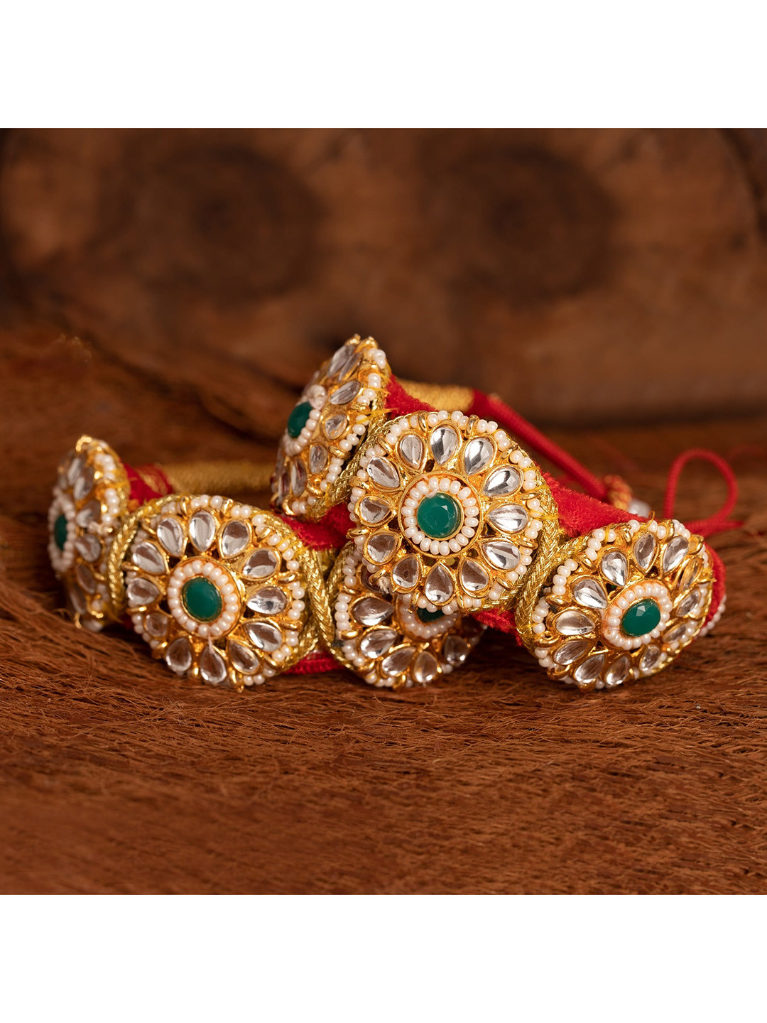 Sanjog Women Set of 2 Gold-Plated & Green Kundan & Thread Rajasthani Bridal Pochi Bangle
