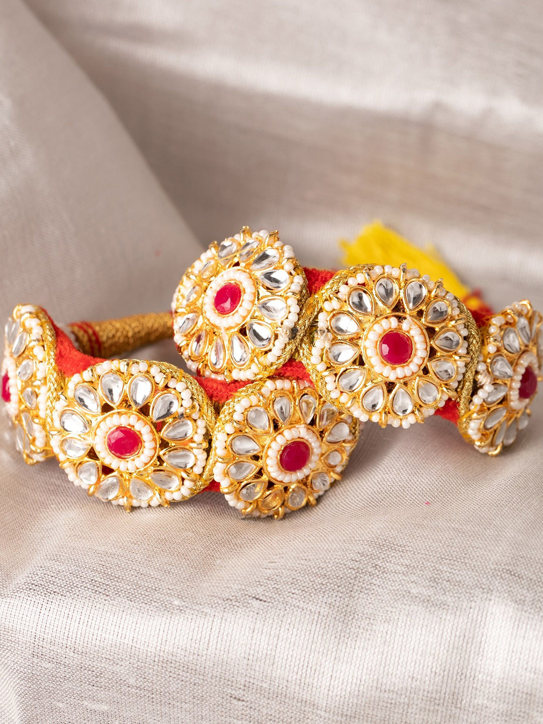Sanjog Women Set of 2 Gold-Plated & Red Kundan & Thread Rajasthani Bridal Pochi Bangle