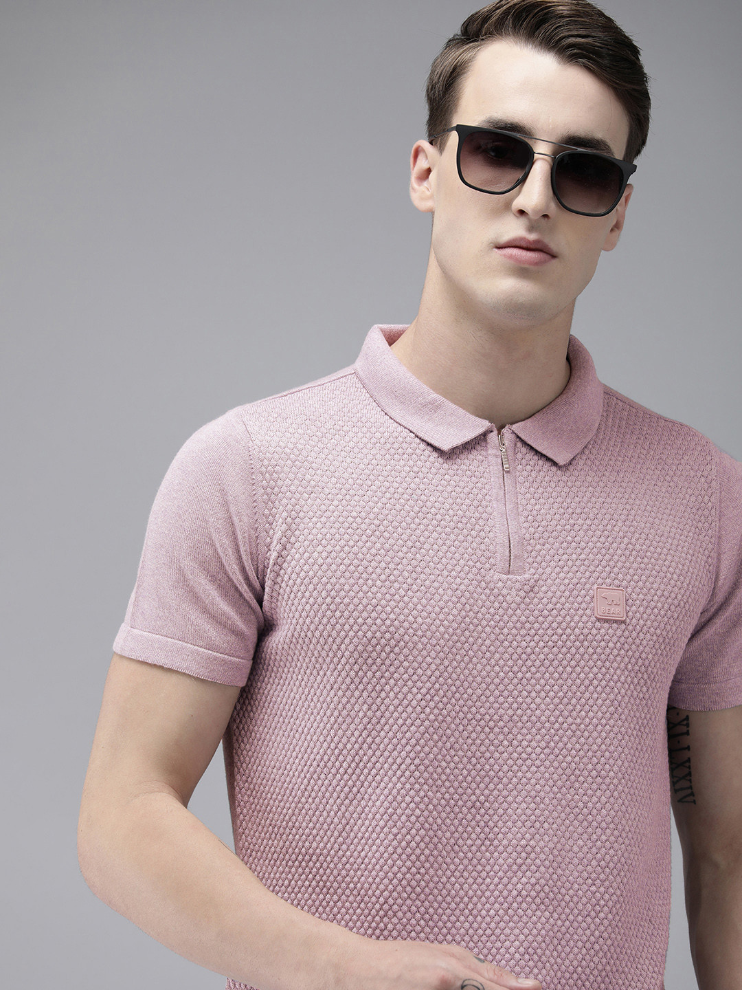 THE BEAR HOUSE Ardor Edition Men Lavender Self Design Polo Collar Slim Fit T-shirt