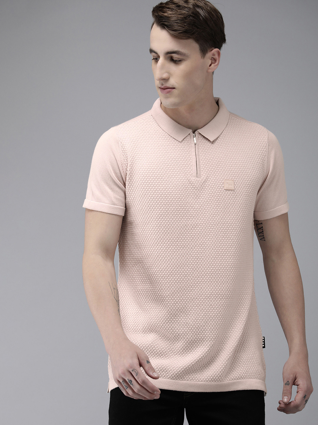 THE BEAR HOUSE Ardor Edition Men Peach Self Design Cotton Polo Collar Slim Fit T-shirt