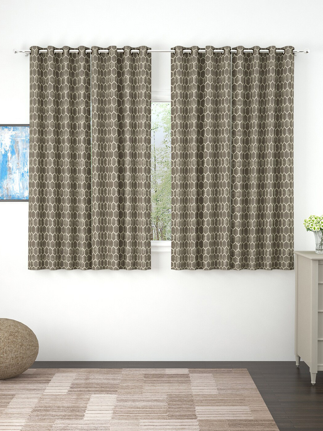Story@home Set of 4 Brown Geometric Print Room Darkening Window Curtain