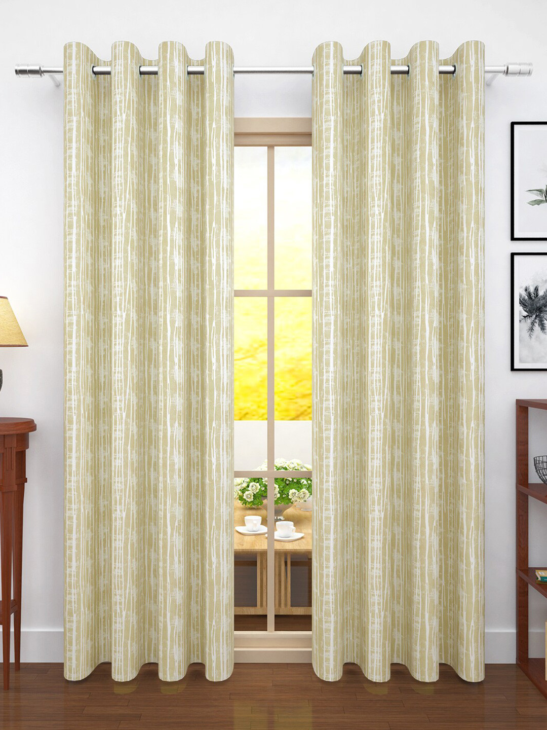 Story@home Beige Set of 2 Striped Print Room Darkening Long Door Curtain