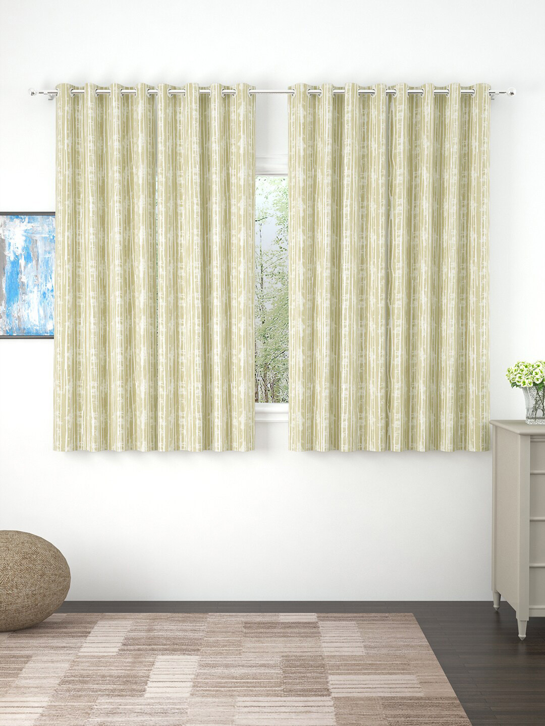Story@home Set of 4 Beige Striped Print Room Darkening Window Curtain