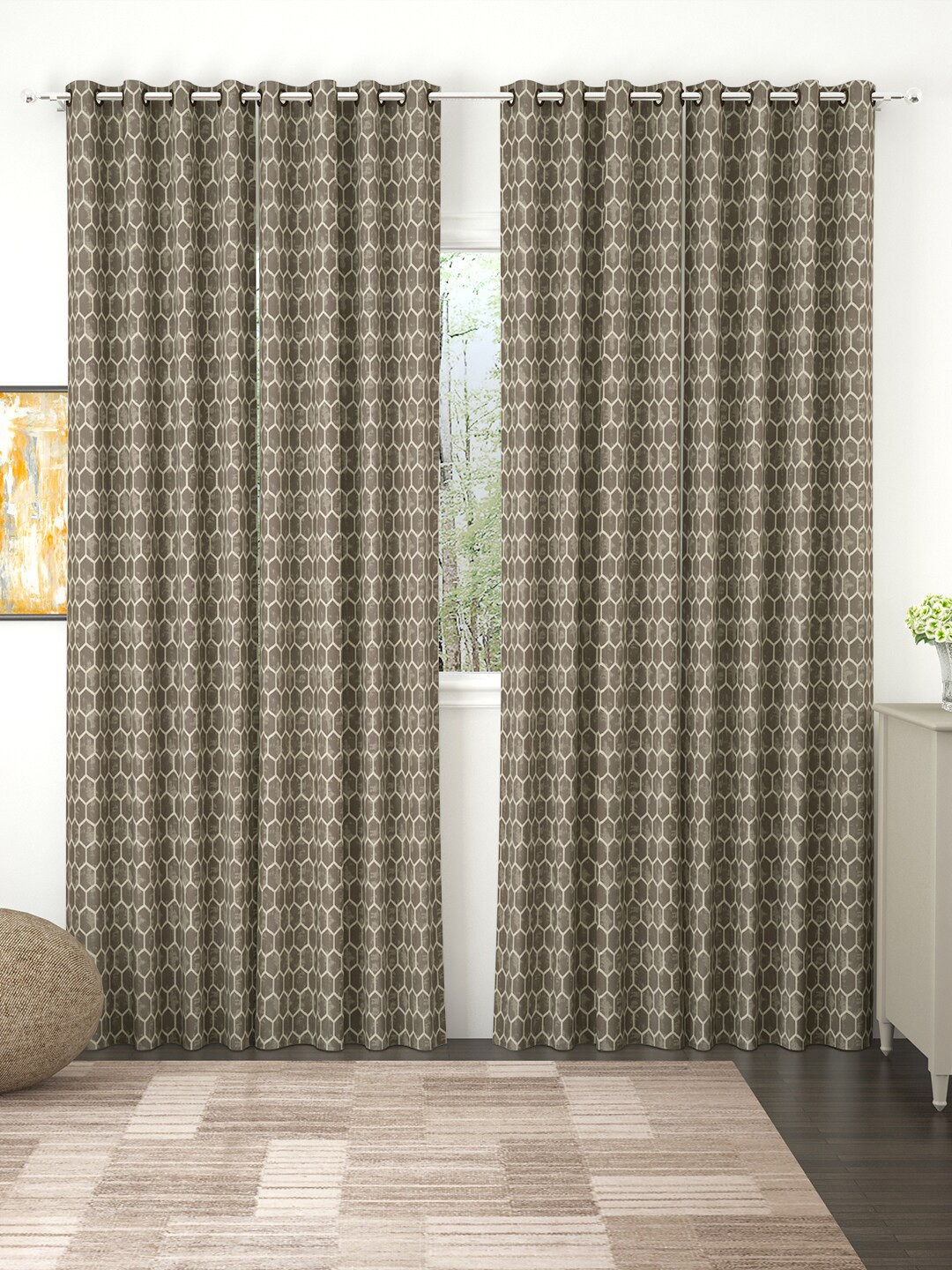 Story@home Set of 4 Brown Geometric Print Room Darkening Long Door Curtain
