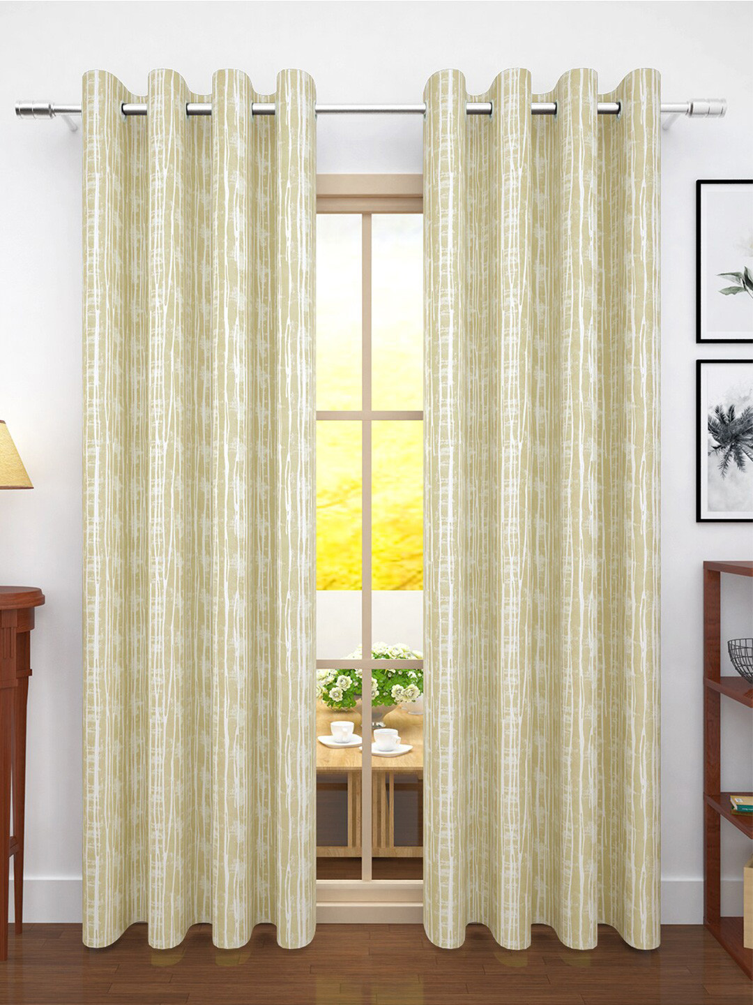 Story@home Set of 2 Beige Striped Print Room Darkening Door Curtain