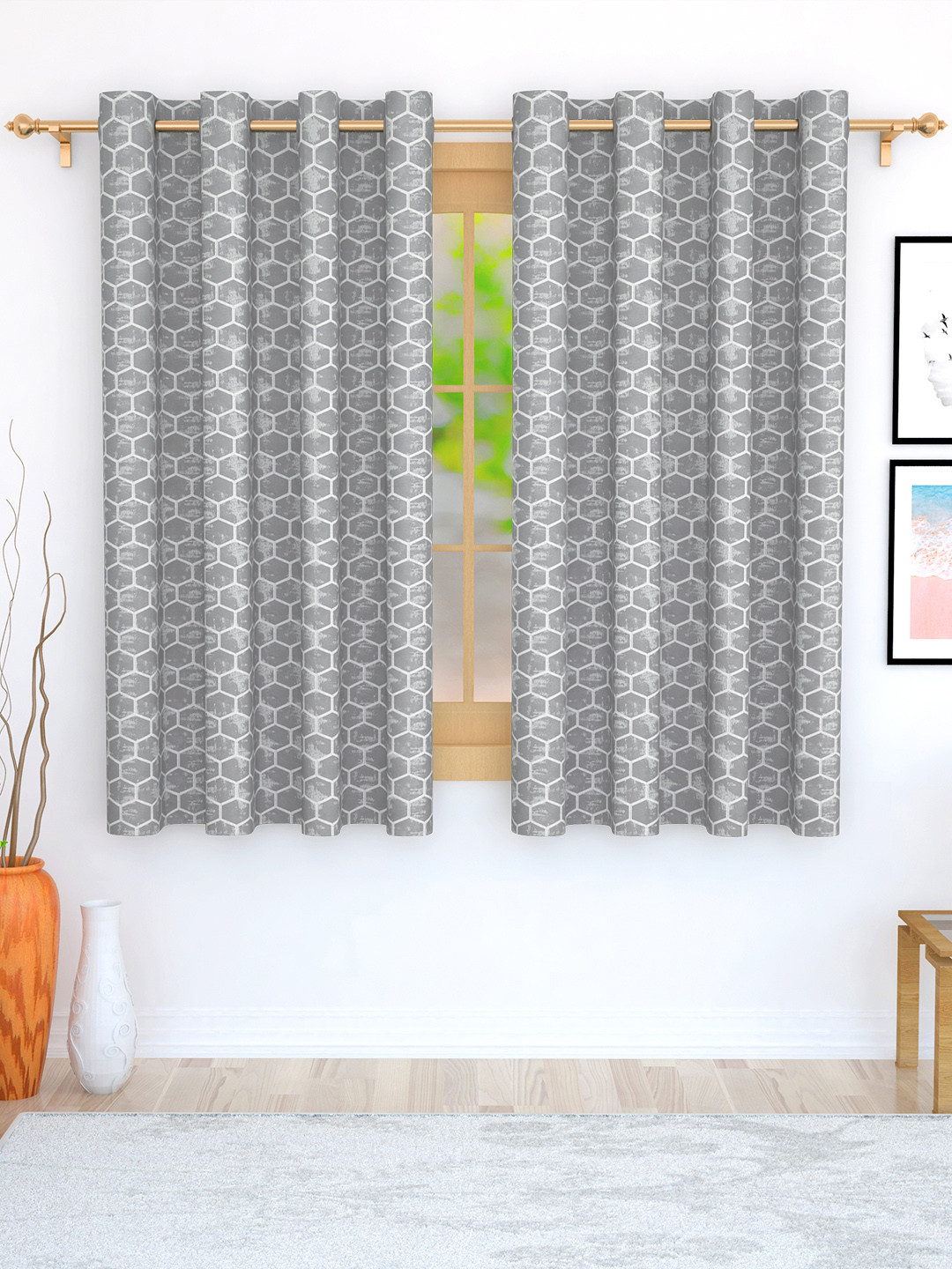 Story@home Set of 2 Grey Geometric Print Room Darkening Window Curtain