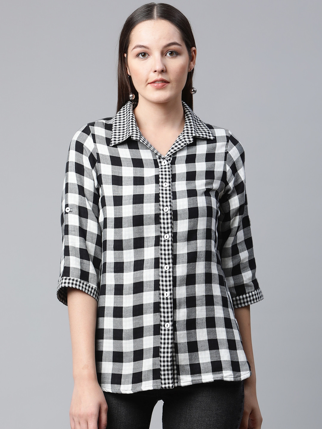 Ayaany Women Black Regular Fit Buffalo Checks Double Layer Check Shirt