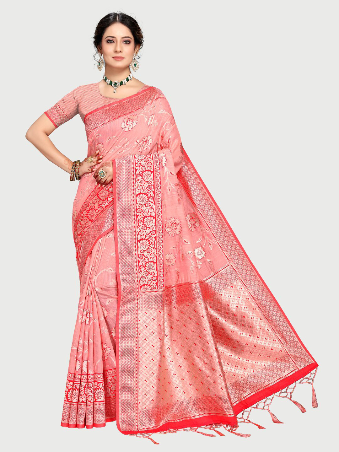 Rekha Maniyar Rose & Silver-Toned Woven Design Zari Silk Blend Banarasi Saree