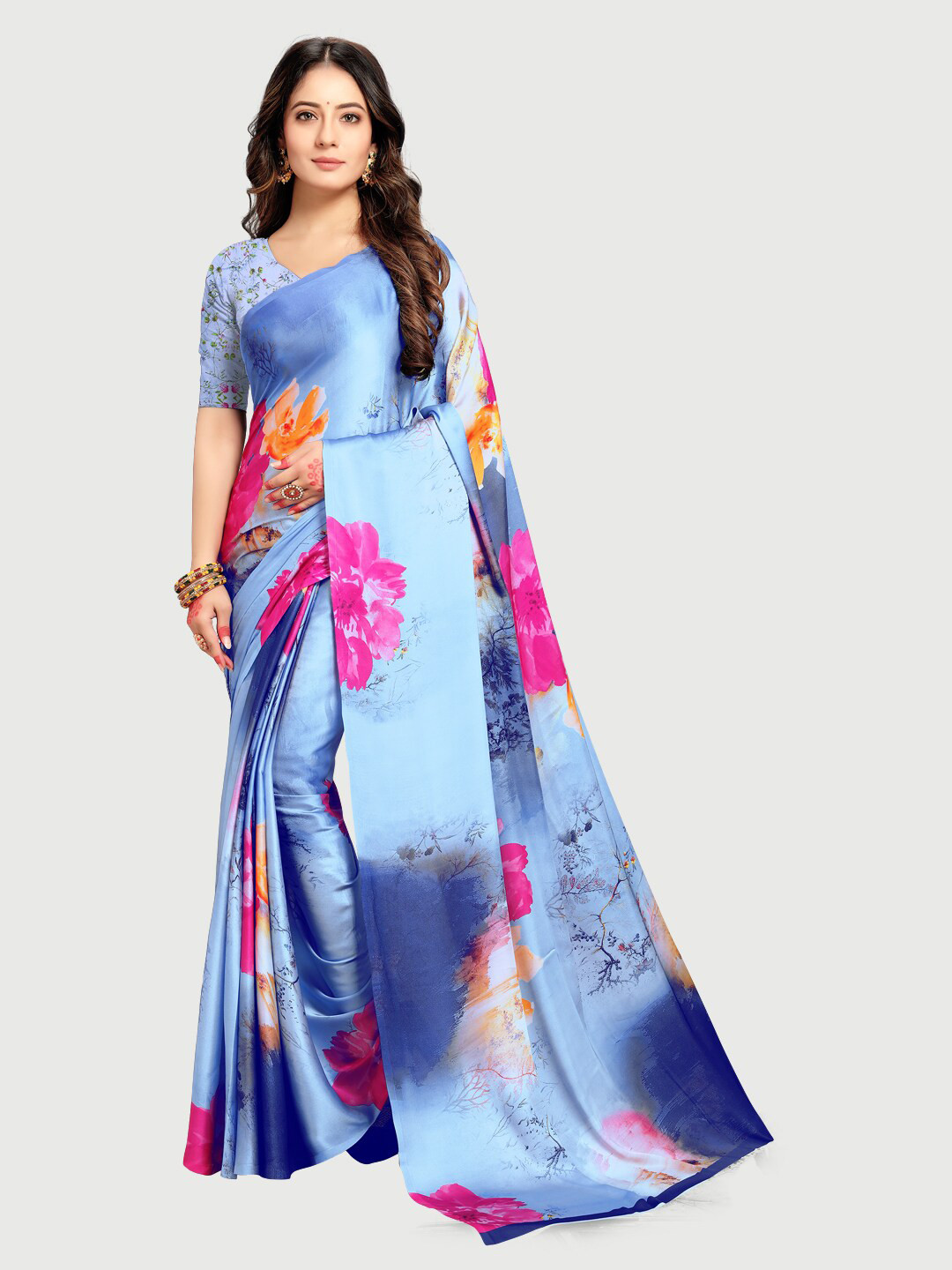 Rekha Maniyar Blue & Pink Floral Printed Satin Saree