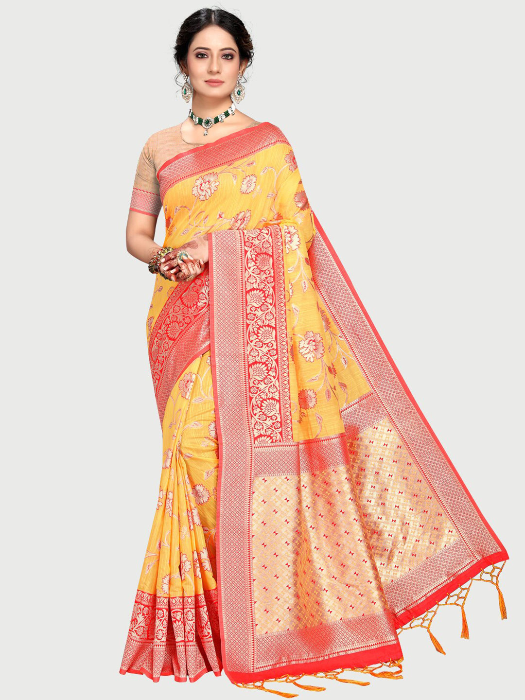 Rekha Maniyar Women Yellow & Red Floral Zari Silk Blend Banarasi Saree