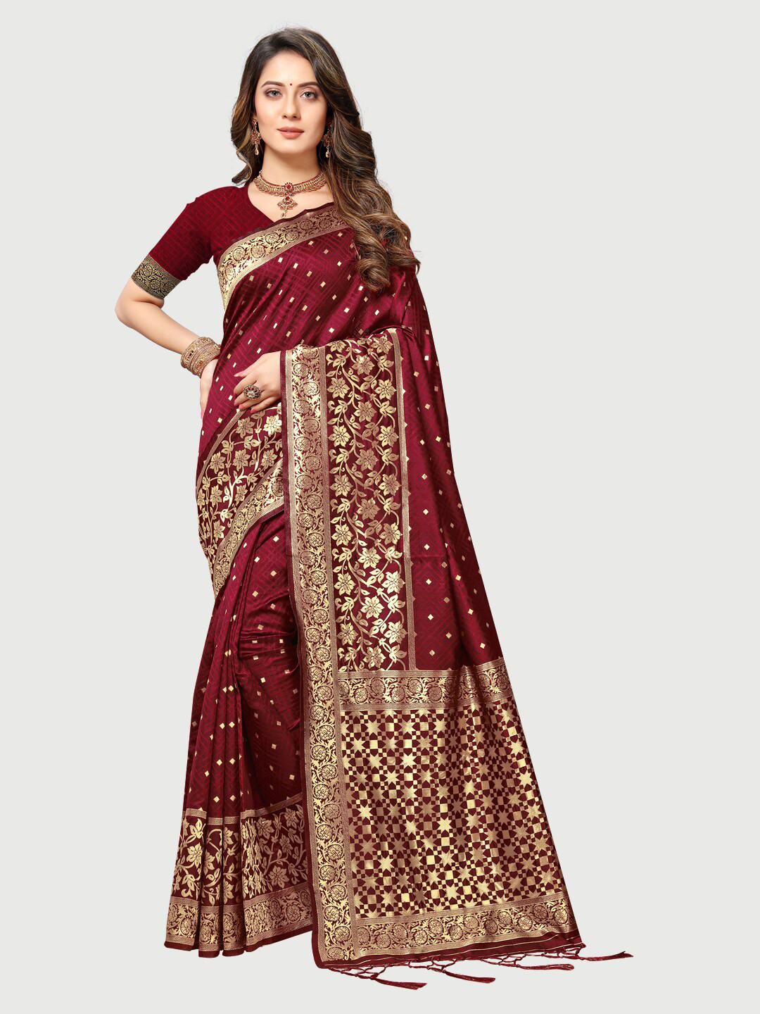 Rekha Maniyar Maroon & Gold-Toned Woven Design Zari Silk Blend Mysore Silk Saree