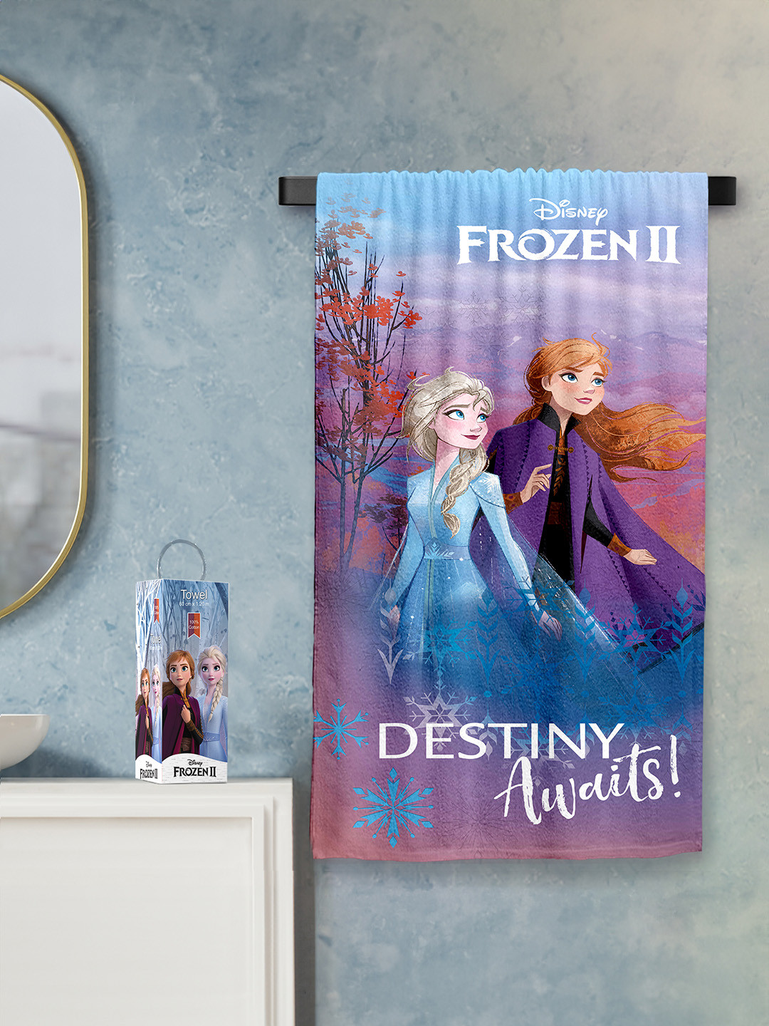 YK Girls Peach-Coloured & Blue Frozen-II Printed  380 GSM Pure Cotton Bath Towel