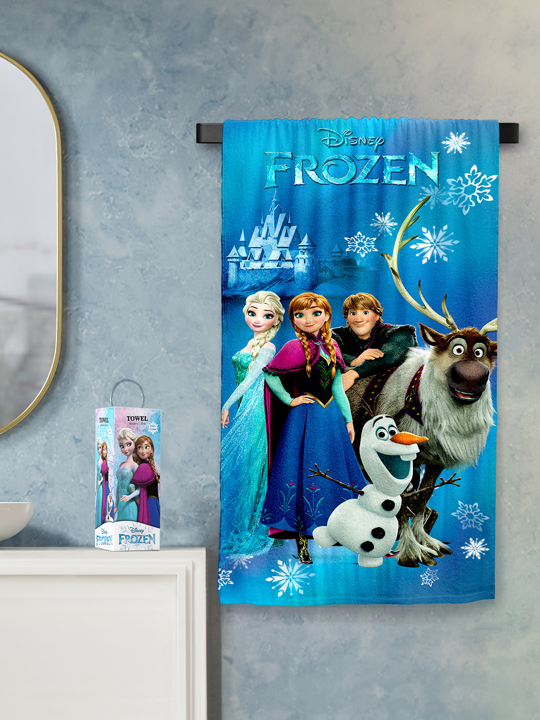 YK Girls Blue Frozen Printed Pure Cotton 380 GSM Bath Towels