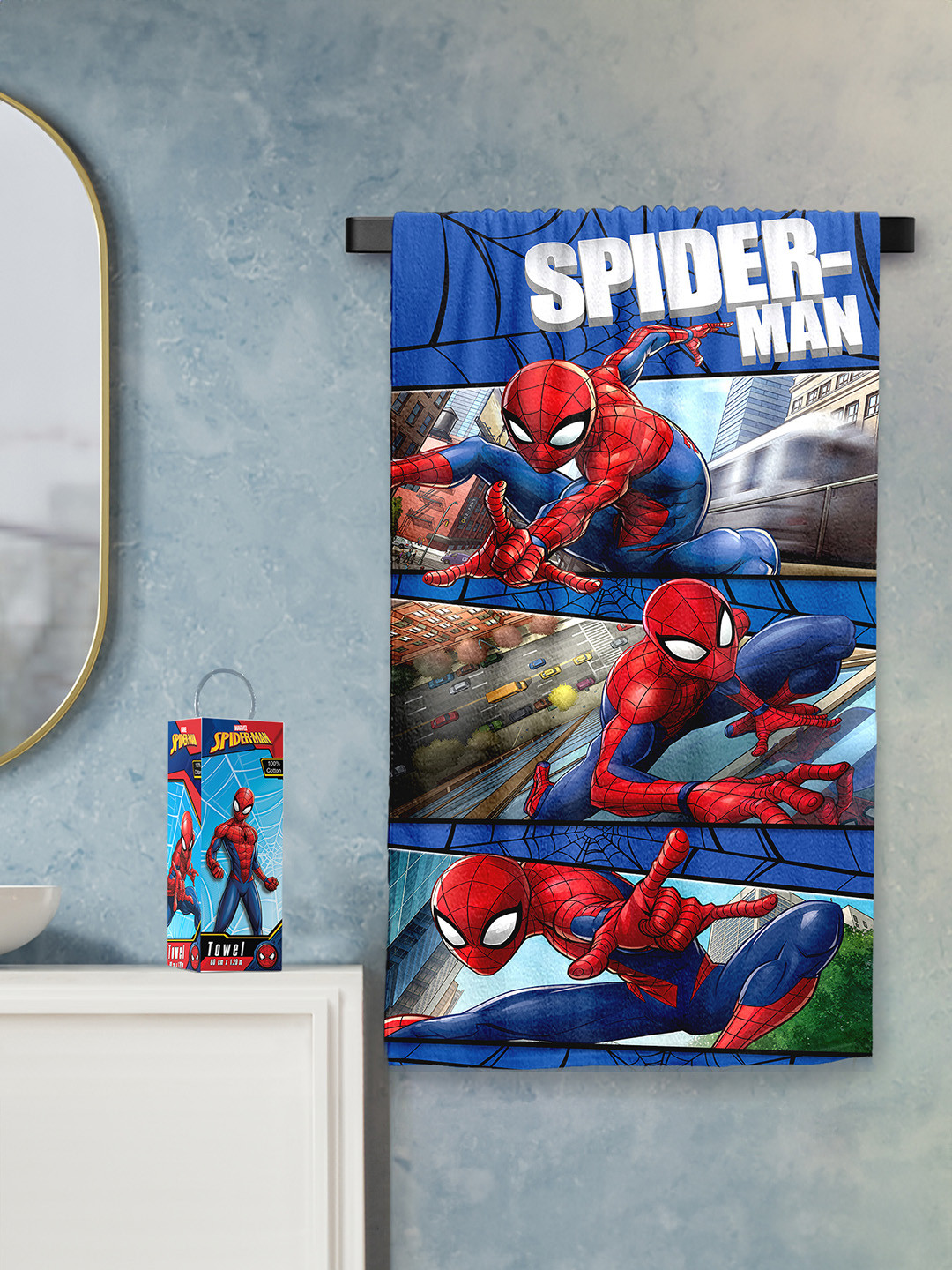 YK Boys Blue Spiderman Printed 380 GSM Cotton Bath Towel