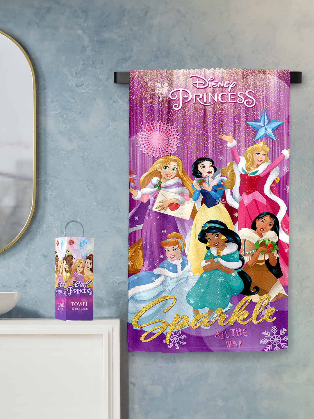 YK Girls Pink Princess Printed 380 GSM Cotton Bath Towels