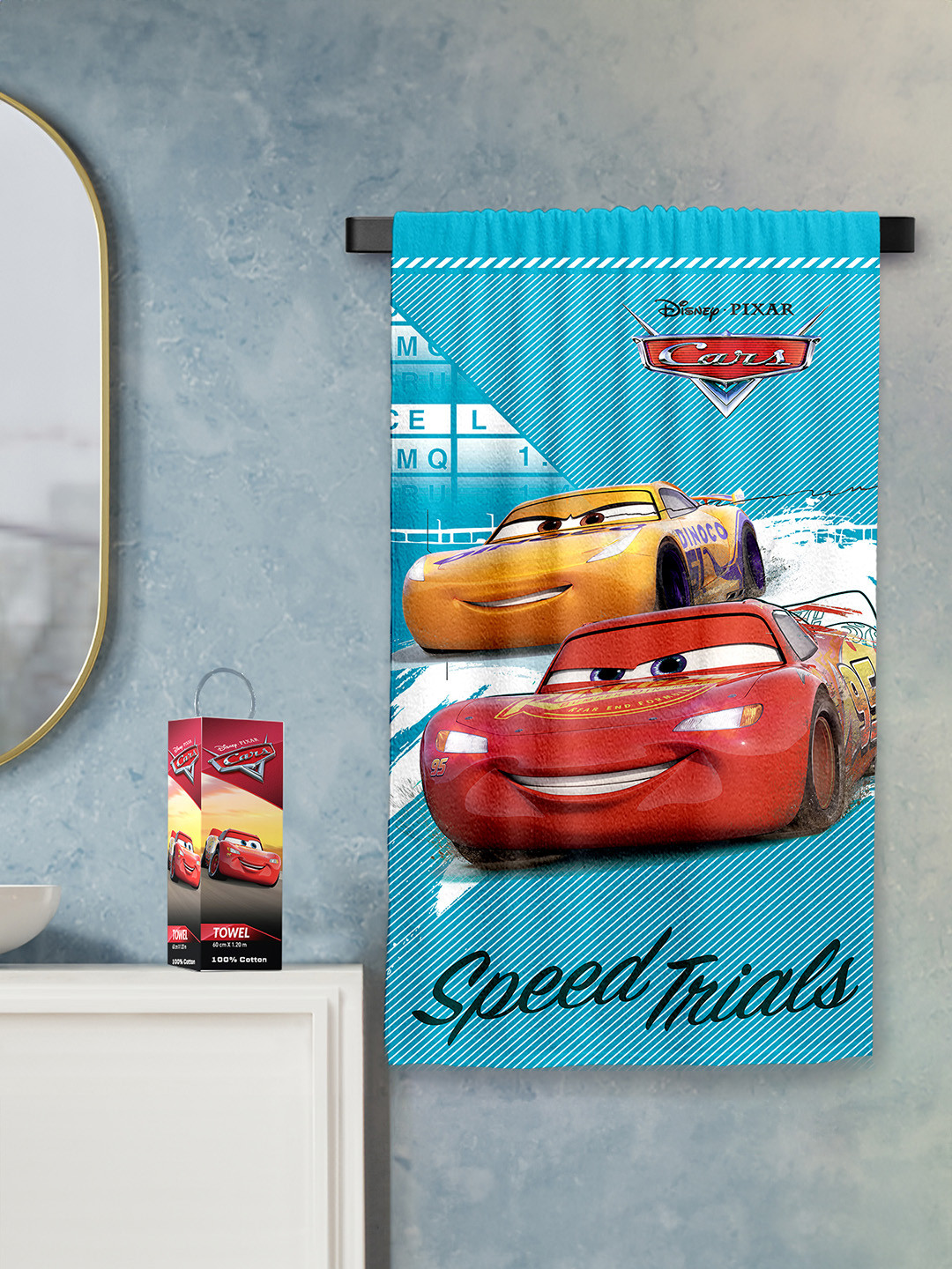 YK Boys Red & Yellow Cars Printed 380 GSM Cotton Bath Towel