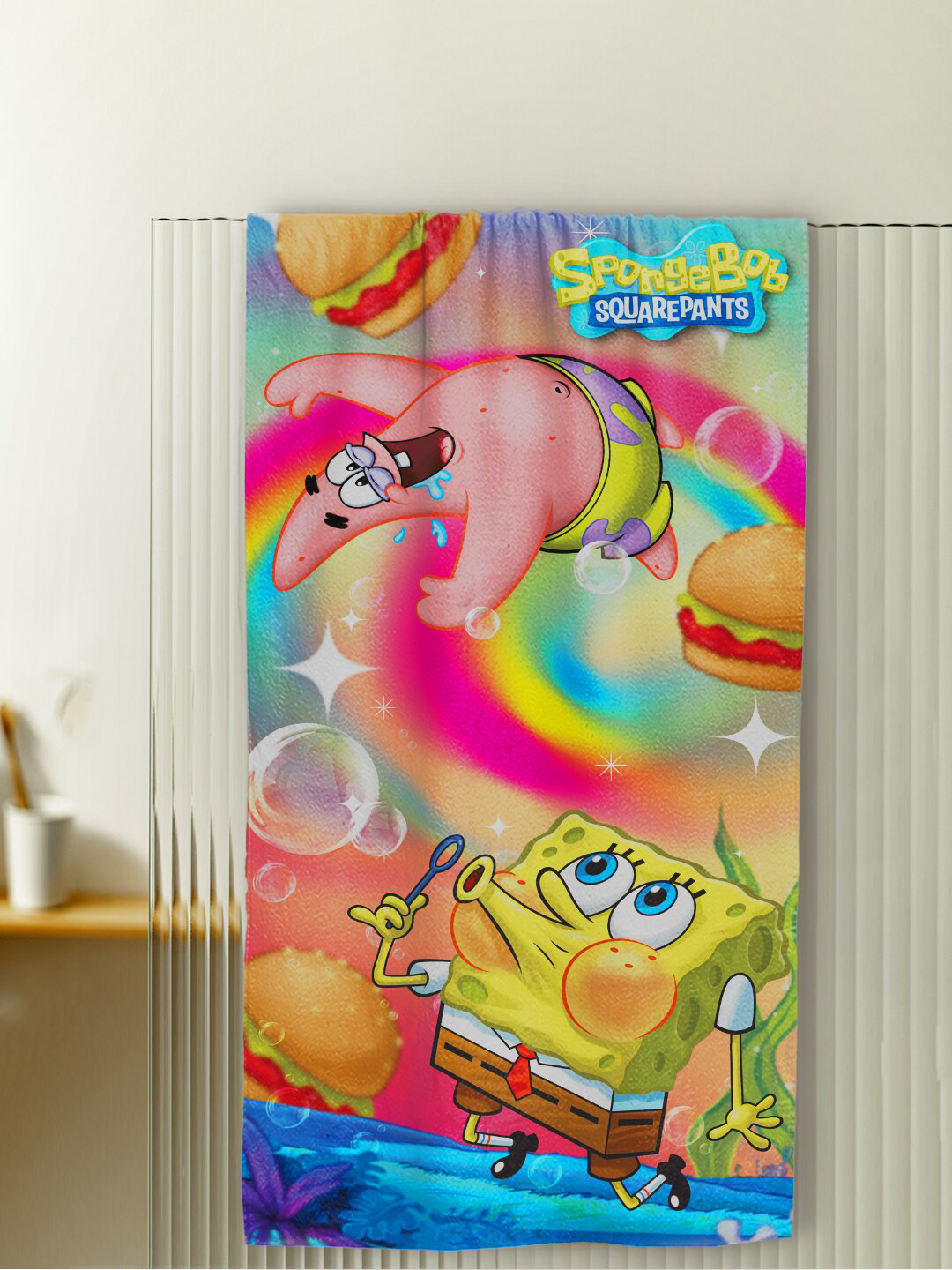 YK Unisex Kids Pink & Blue Spongebob Printed 380 GSM Pure Cotton Bath Towel