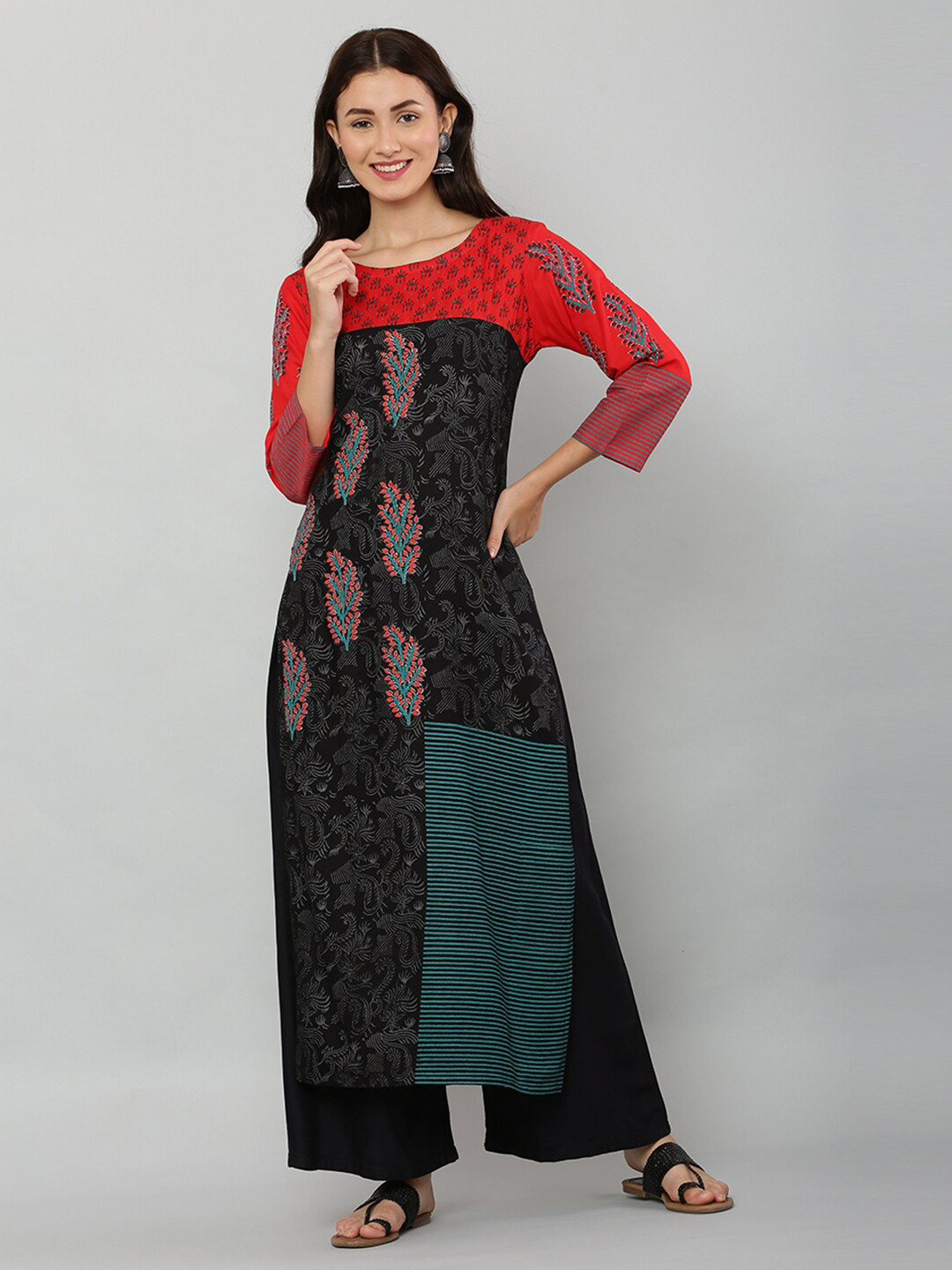 EZIS FASHION Women Red & Black Ethnic Motifs Printed Kurta