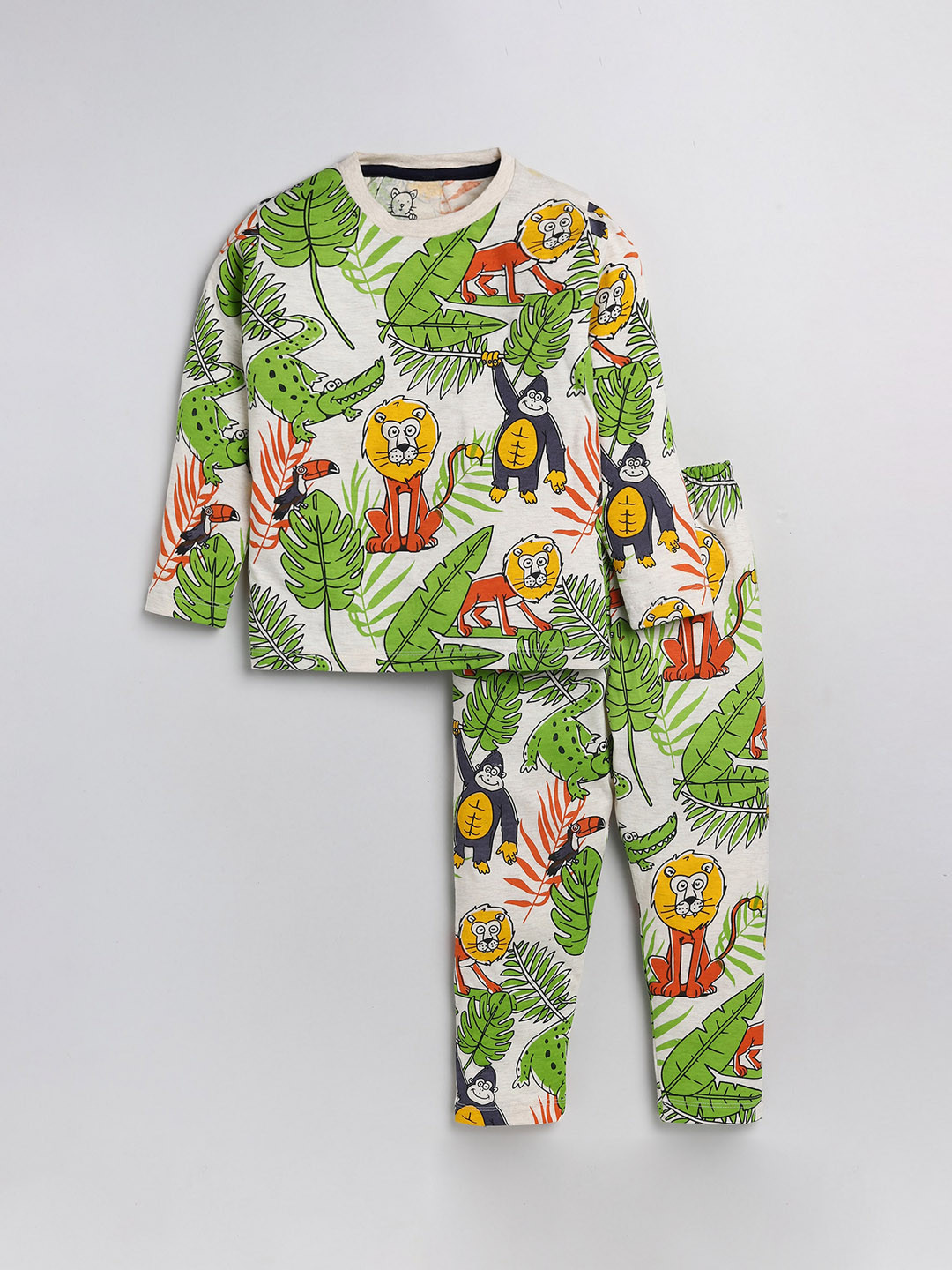 Lazy Shark Boys Cream-Coloured & Green Printed Night suit