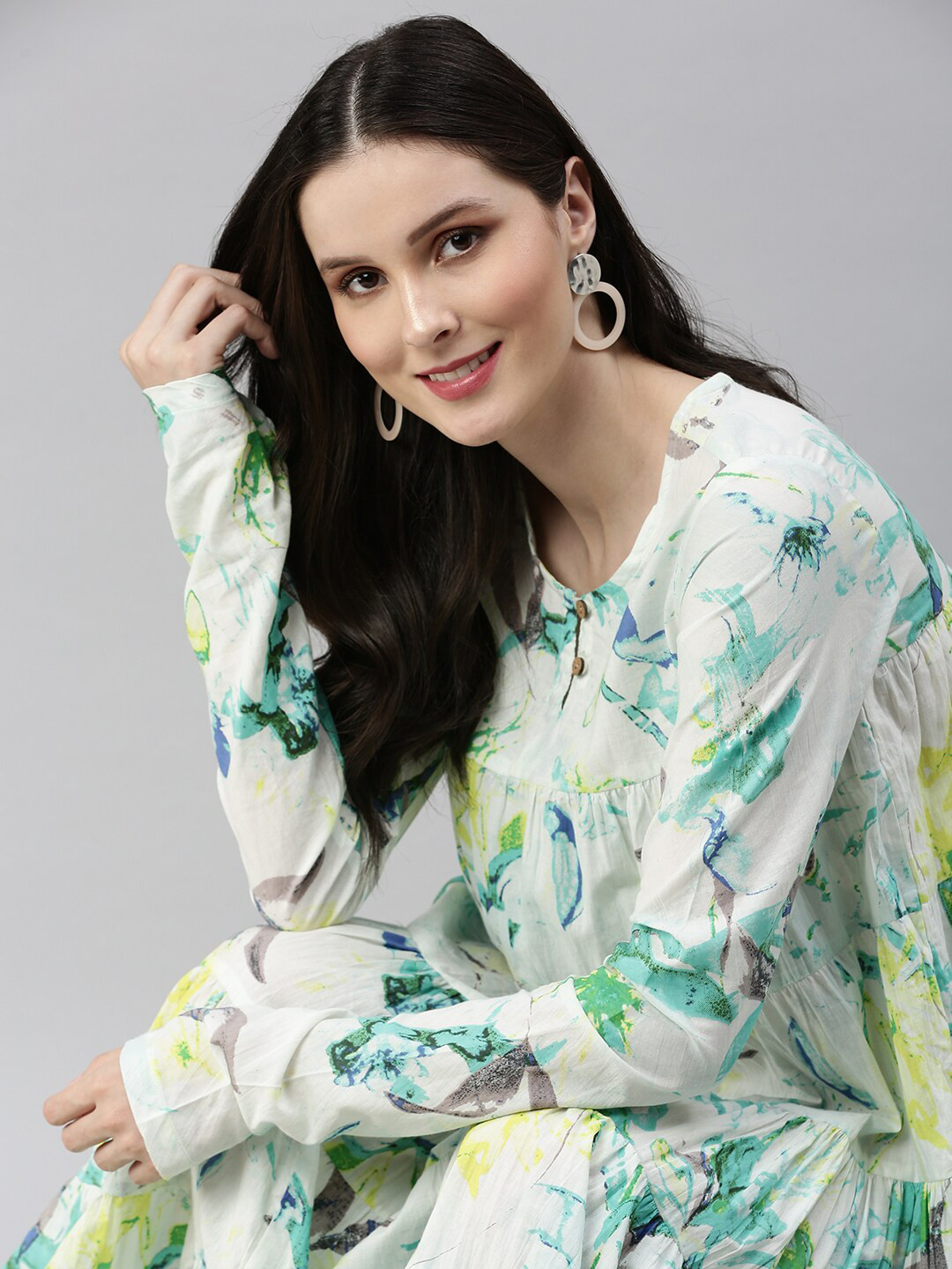 SHOWOFF White Abstract Round Neck Fit and Flare Dress