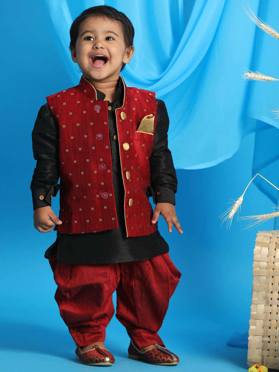 VASTRAMAY Boys Black Regular Kurta With Dhoti Pants and Woven Nehru Jacket