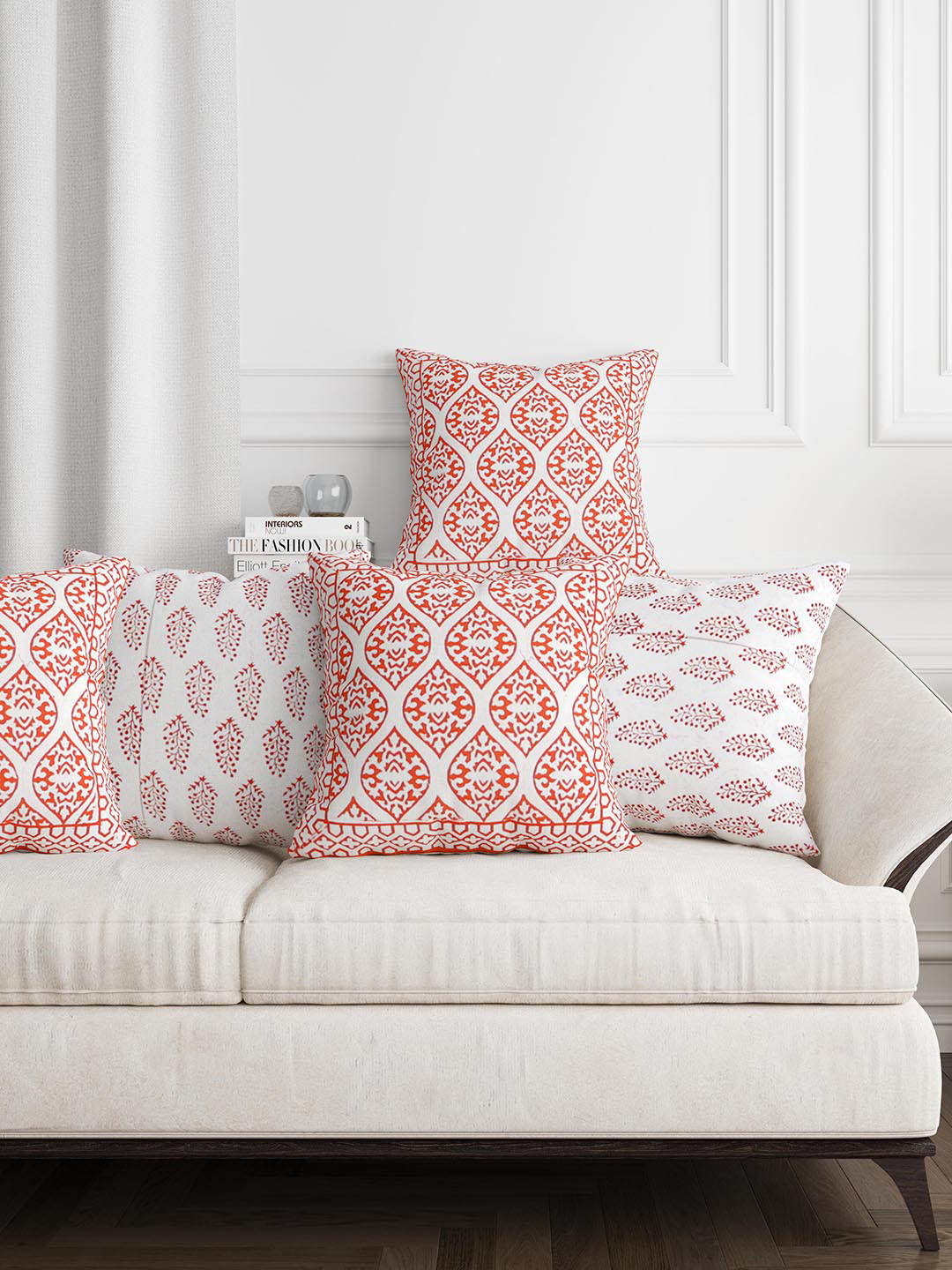 BLOCKS OF INDIA Orange & White Set of 5 Ethnic Motifs Square Cushion Covers