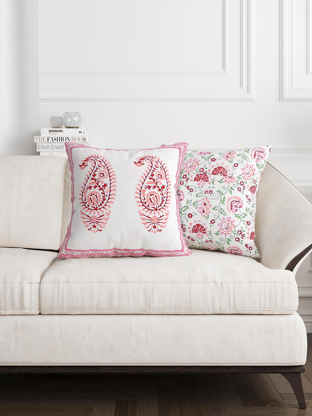 BLOCKS OF INDIA Pink & White Set of 2 Ethnic Motifs Square Cushion Covers