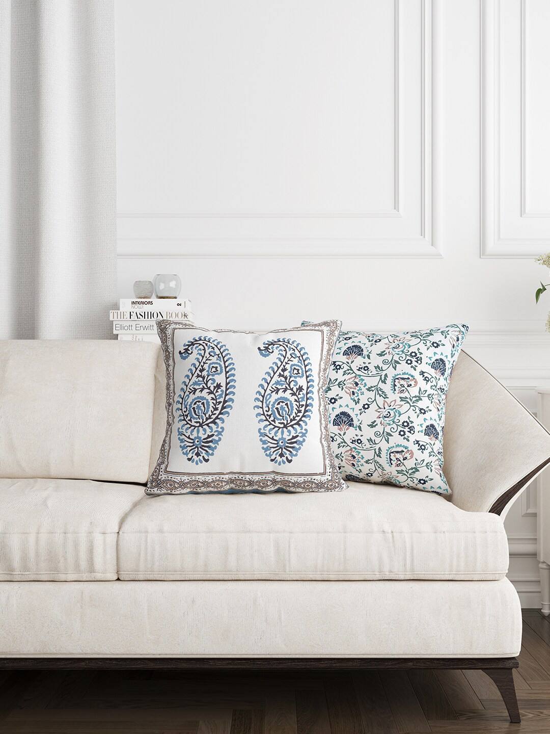 BLOCKS OF INDIA Grey & White Set of 2 Ethnic Motifs Square Cushion Covers