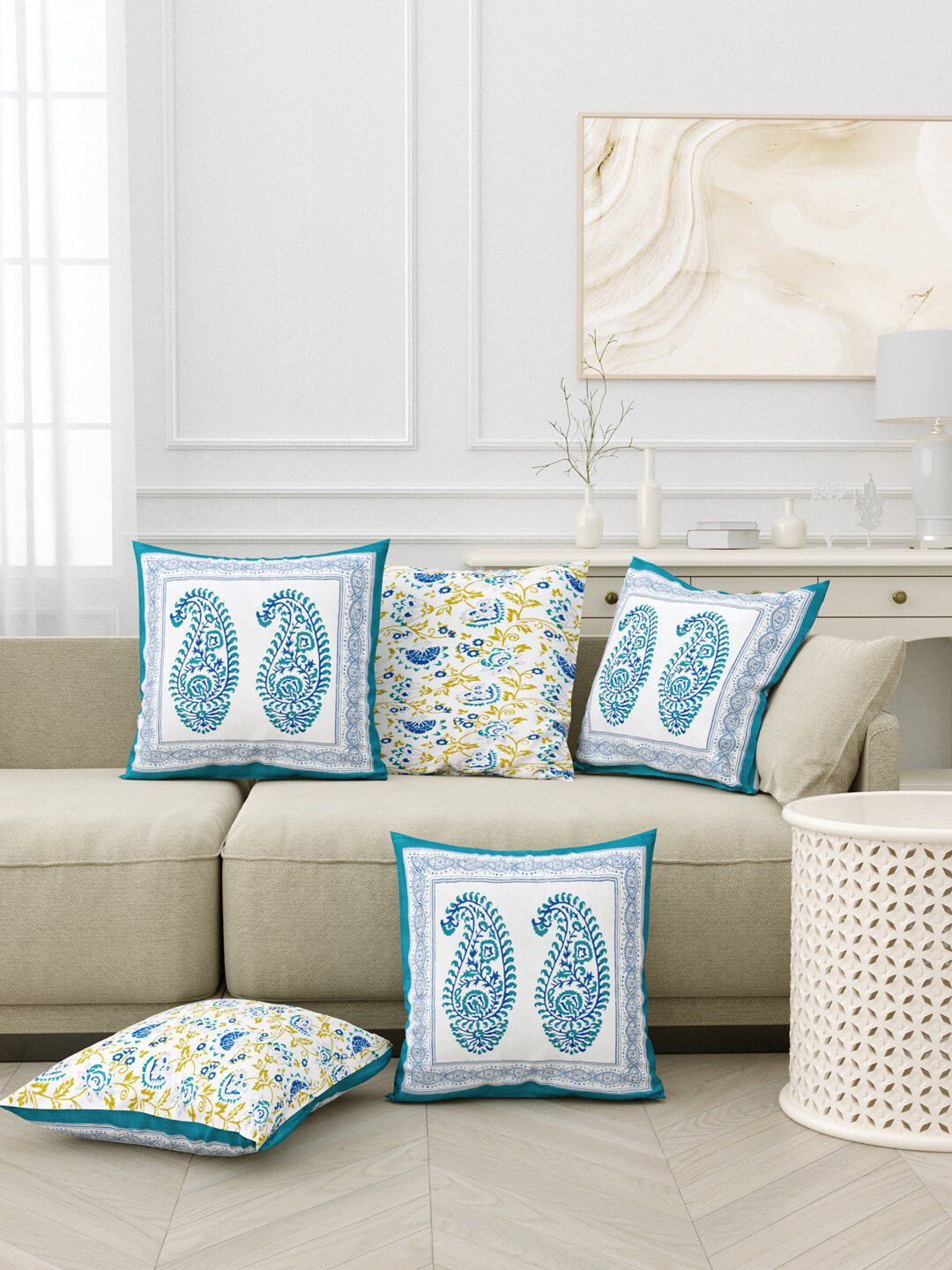 BLOCKS OF INDIA Blue & Yellow Set of 5 Ethnic Motifs Square Cushion Covers