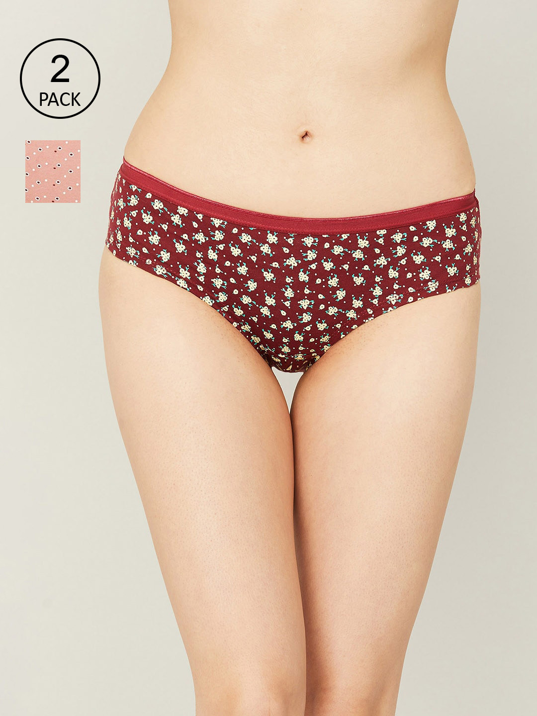 Ginger by Lifestyle Women Maroon & Peach Pack Of 2 Printed Hipster Briefs