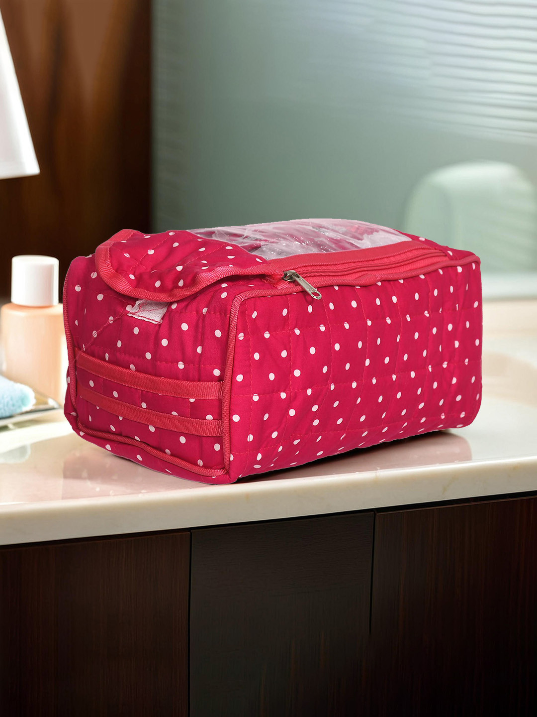 Kuber Industries Pink & White Polka Printed Cotton Jewelry Organiser