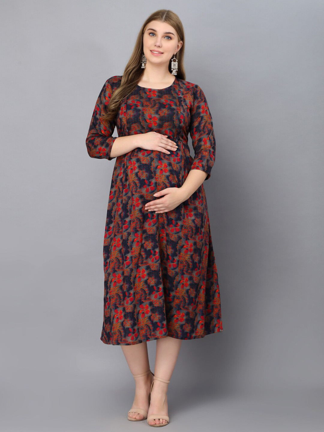 Vastralay Maternity Blue & Red Floral A-Line Midi Dress