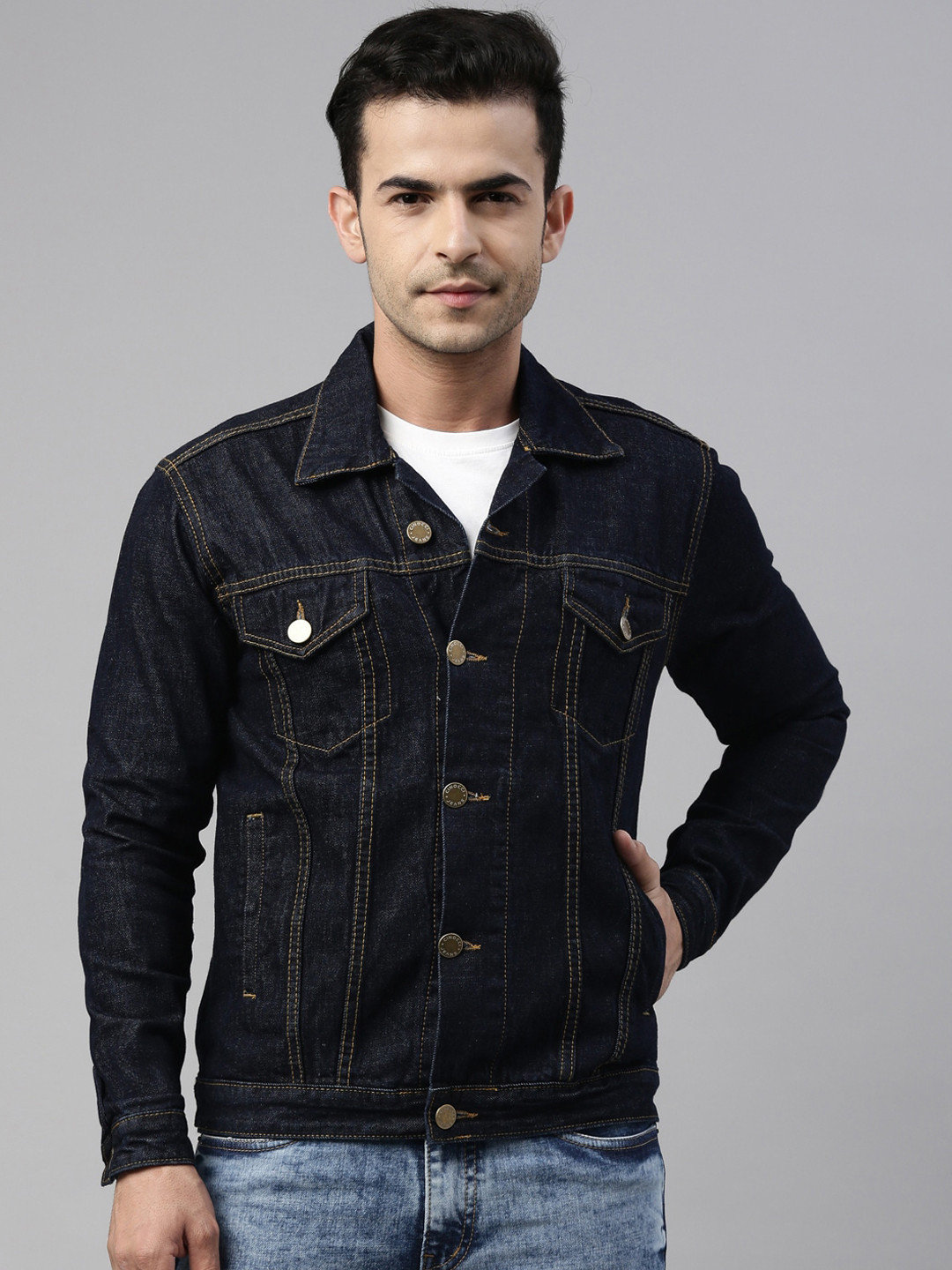 CINOCCI Men Navy Blue Washed Checked Denim Jacket
