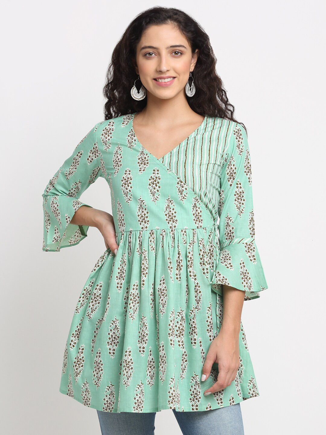 KALINI Sea Green Floral Print Wrap Longline Top