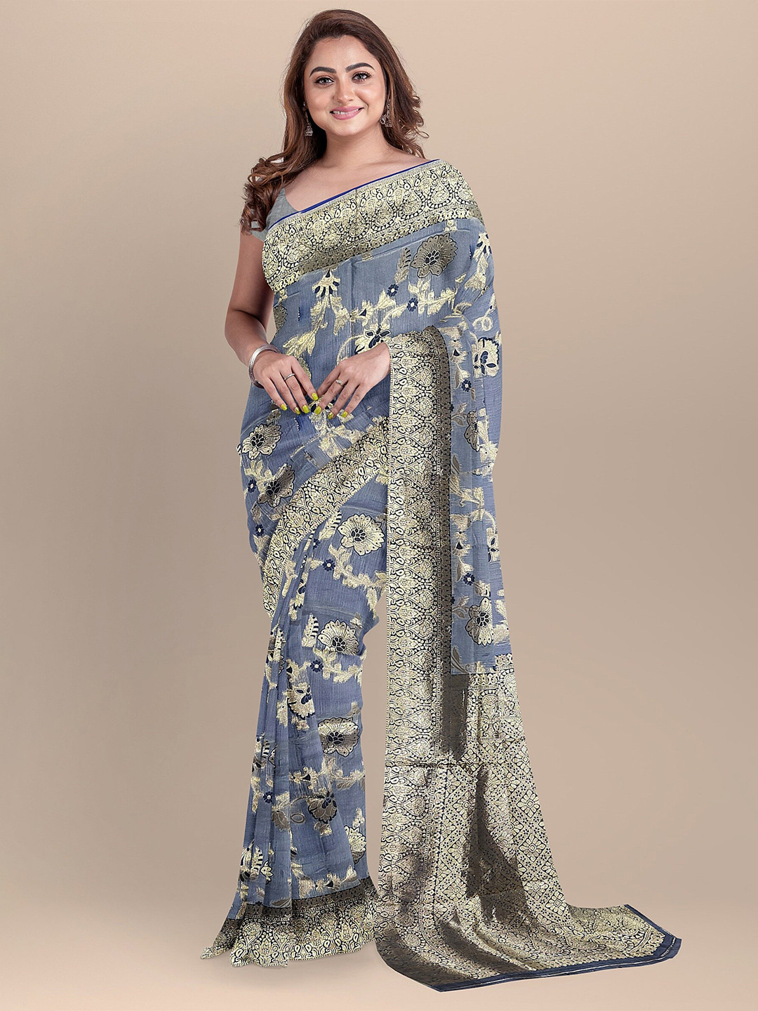 The Chennai Silks Grey & Black Floral Zari Fusion Chanderi Saree