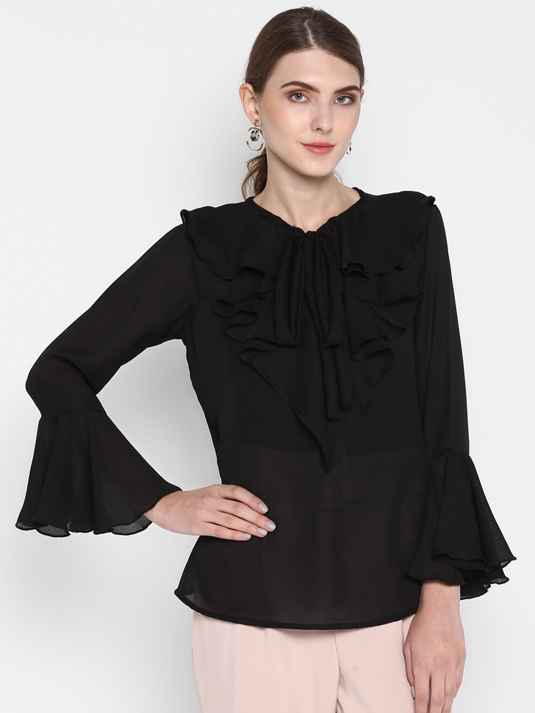 Indietoga Women Plus Size Black Tie-Up Neck Ruffles Georgette Top
