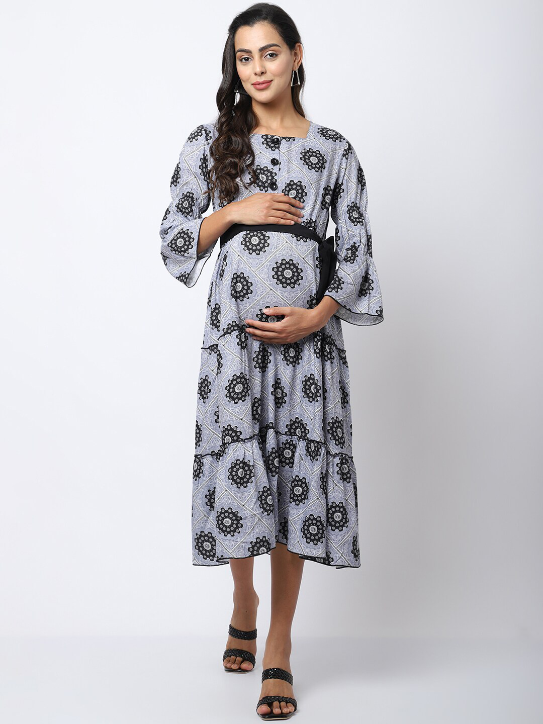 Frempy Black & Grey Floral Maternity Empire Midi Dress