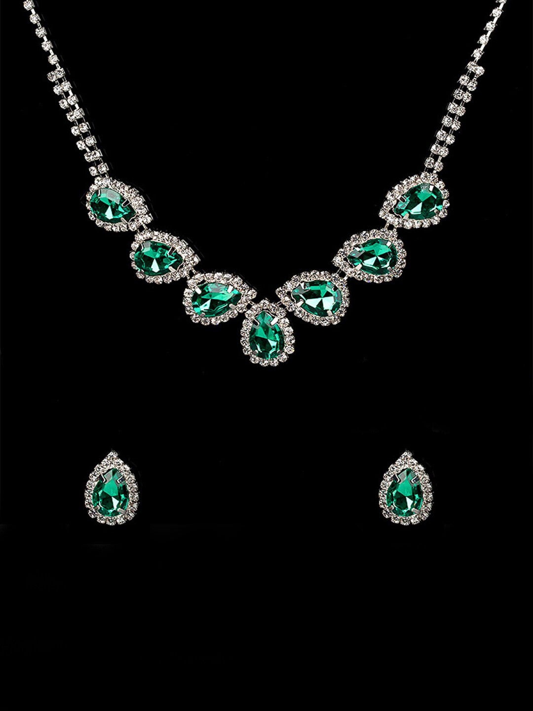Yellow Chimes Silver-Plated Green Stones-Studded & White Crystal-Studded Jewellery Set