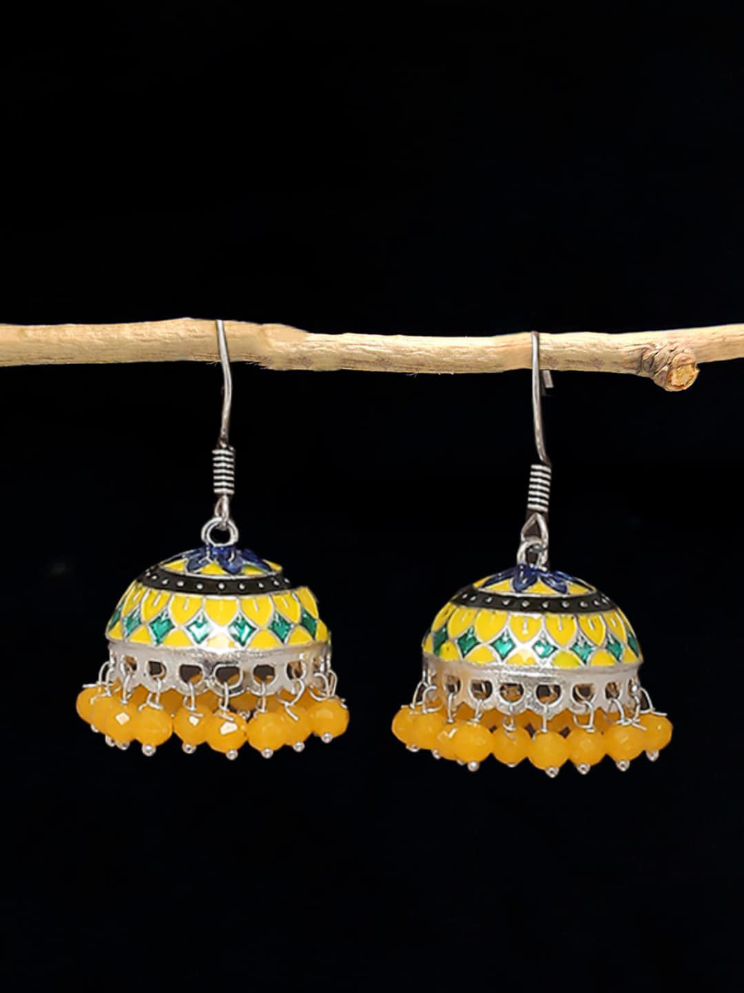 OOMPH Yellow & Silver-Plated Dome Shaped Jhumkas Earrings