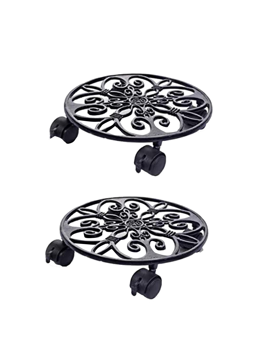 Sharpex Set Of 2 Black Self Design Metal Round Plant Stand