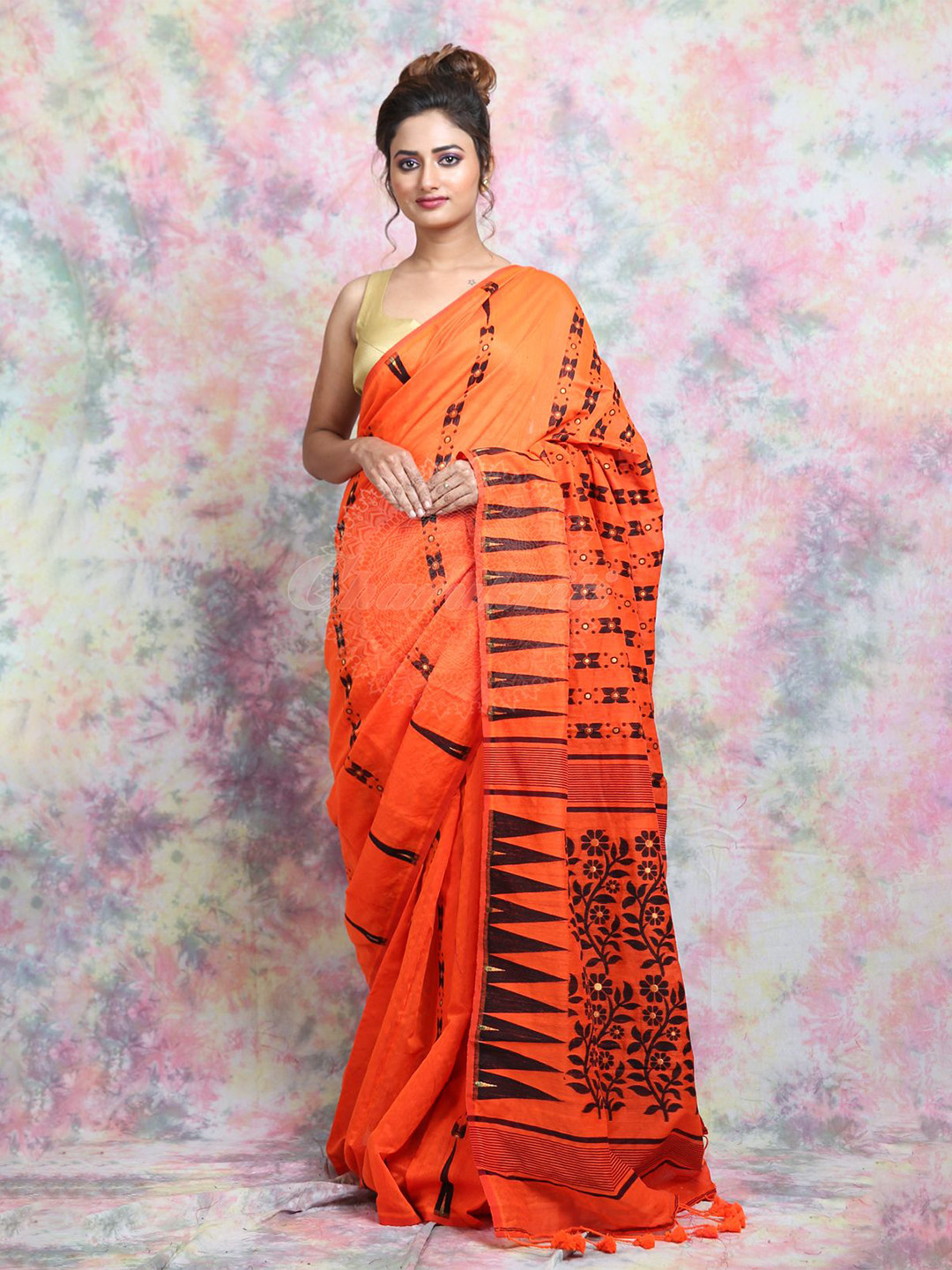 Charukriti Orange & Black Woven Design Silk Cotton Jamdani Saree