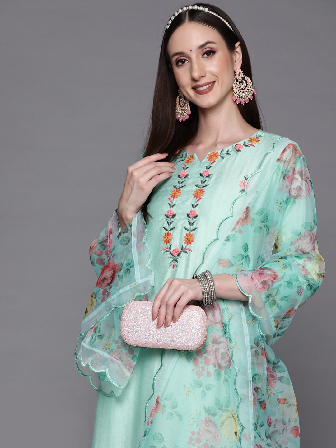 Indo Era Women Sea Green Floral Embroidered Kurta with Trousers & With Dupatta