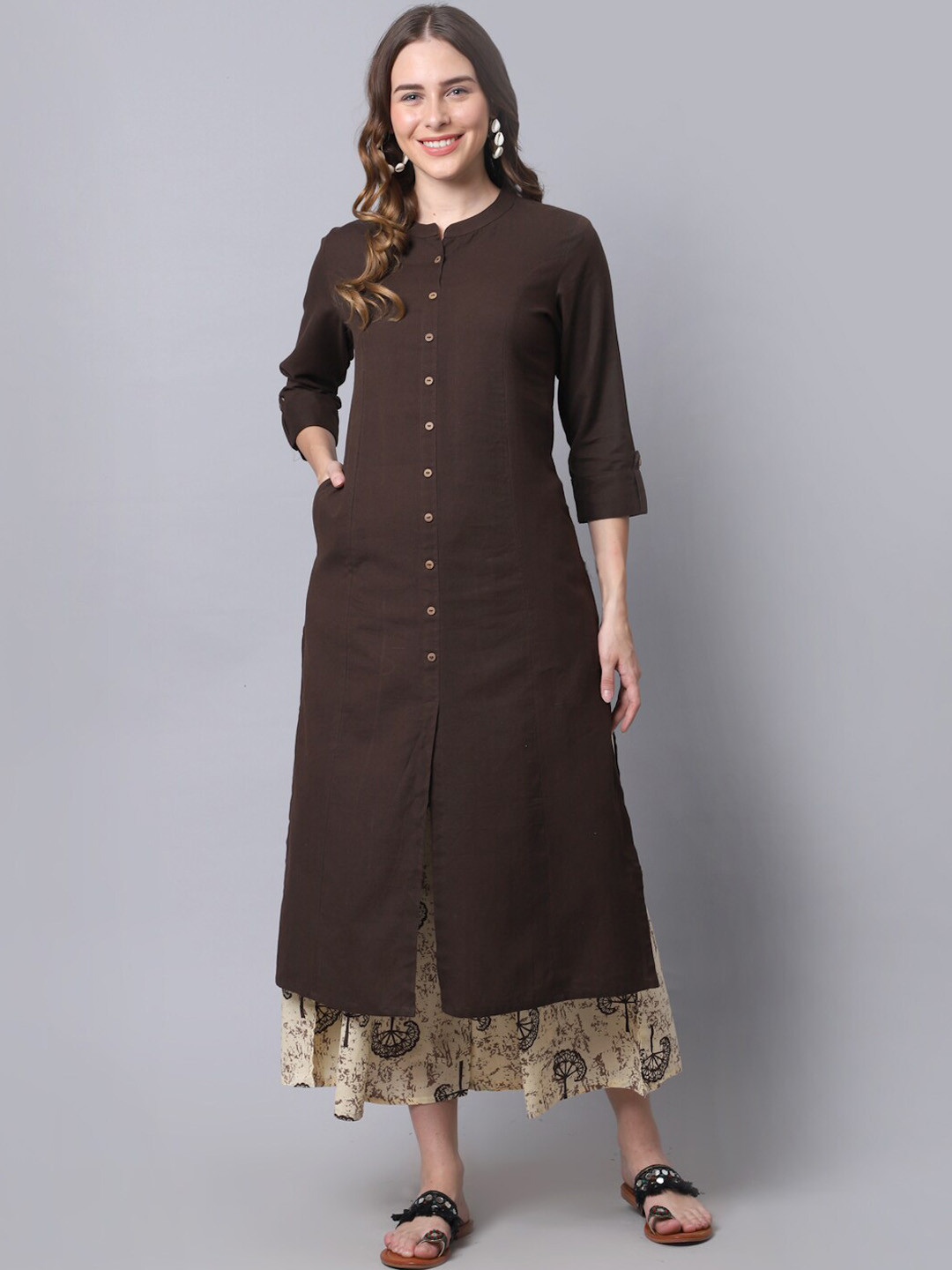 Pistaa Women Brown Floral Empire Kurti With Palazzos
