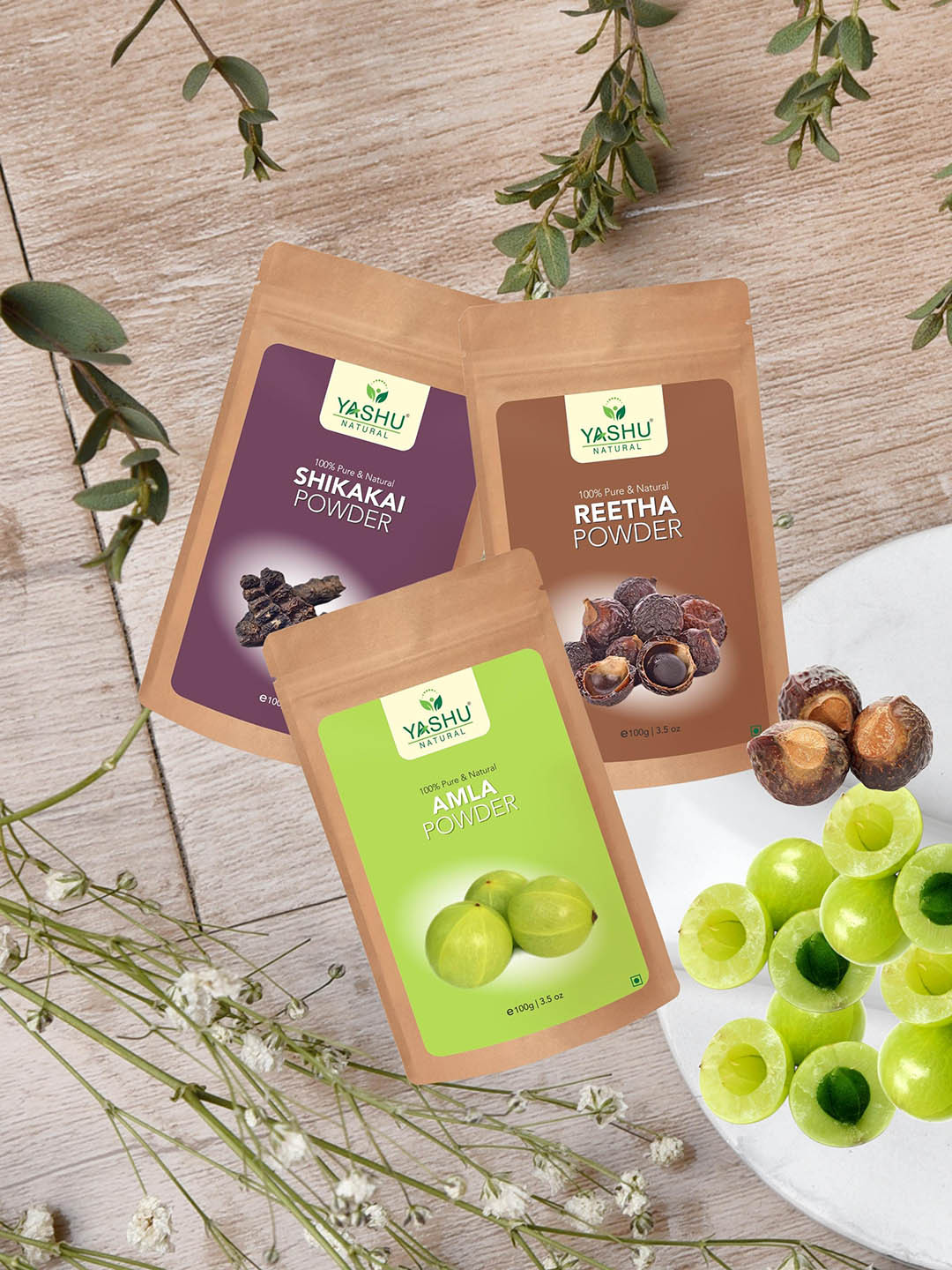 YASHU Set Of 3 Hair Care Triple Combo of Shikakai, Reetha & Amla - 300 gm