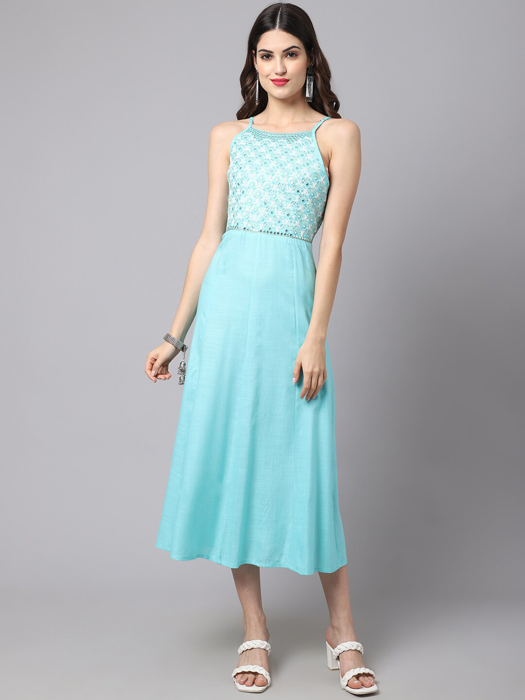 ANAISA Blue Ethnic Motifs Embroidered Midi Dress