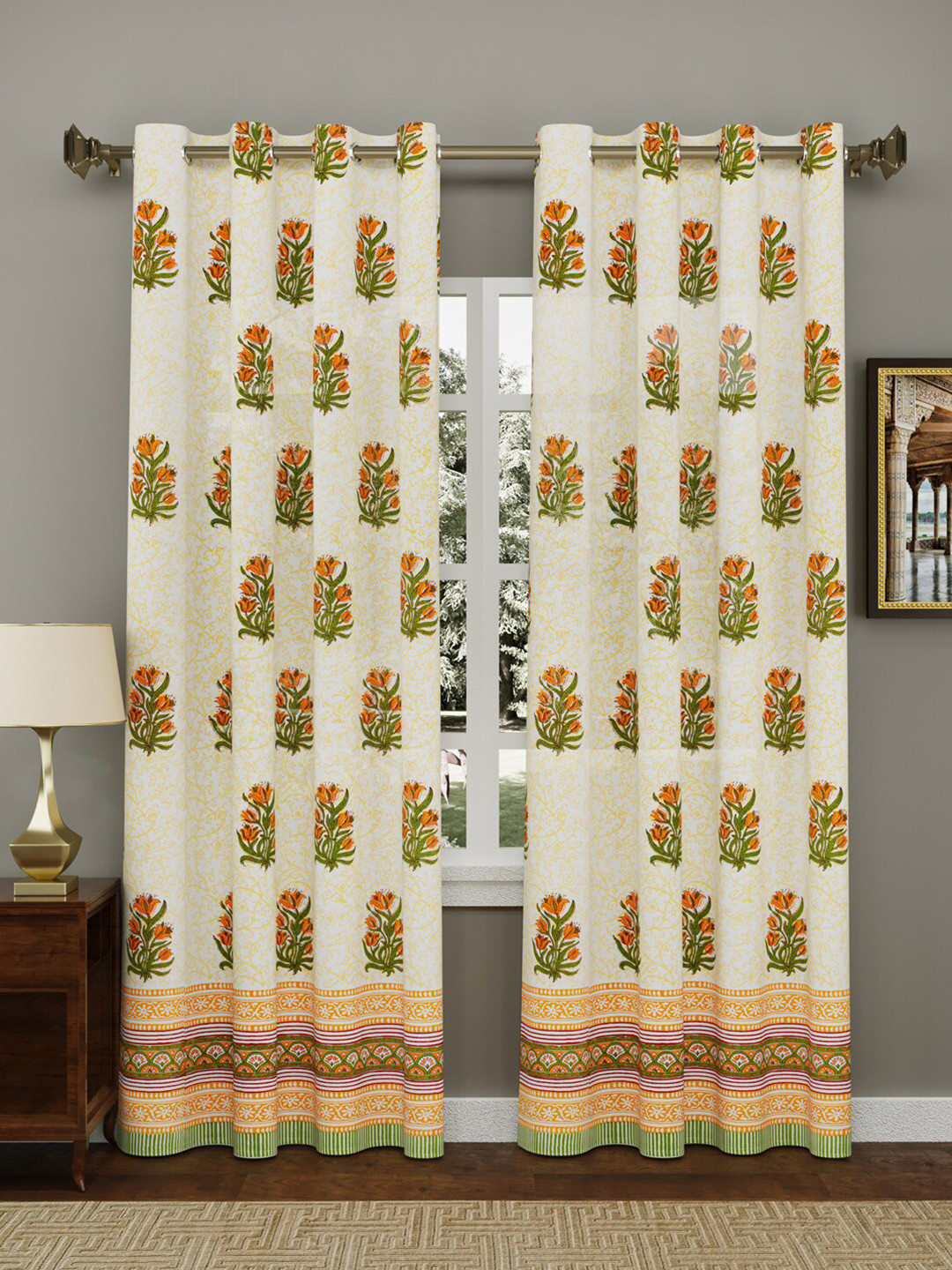 BLOCKS OF INDIA Pack Of 2 Yellow & Green Floral Door Curtain