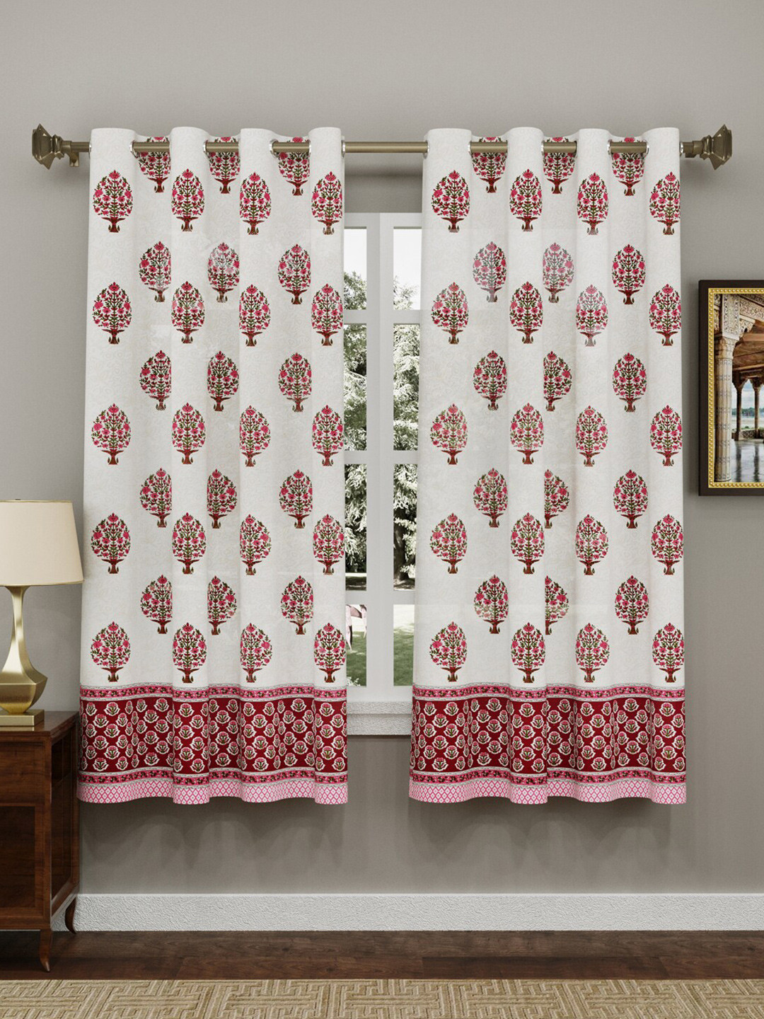 BLOCKS OF INDIA Pack Of 2 Off White & Red Ethnic Motifs Window Curtain