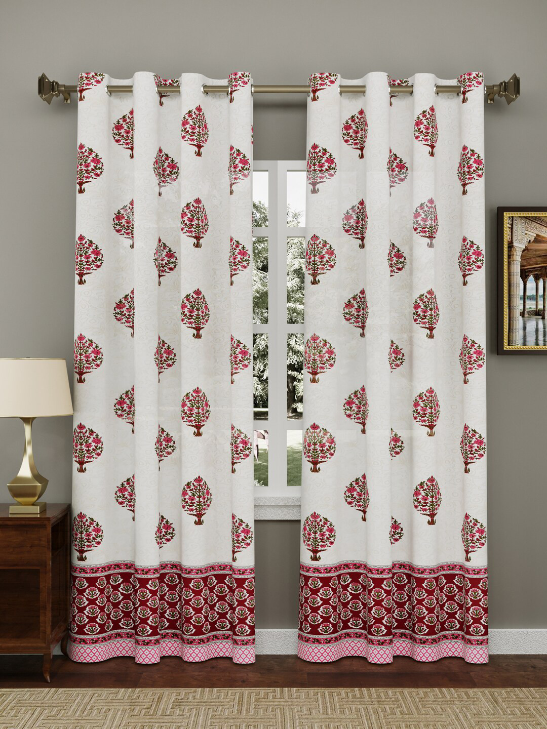 BLOCKS OF INDIA Red & White Set of 2 Floral Door Curtain