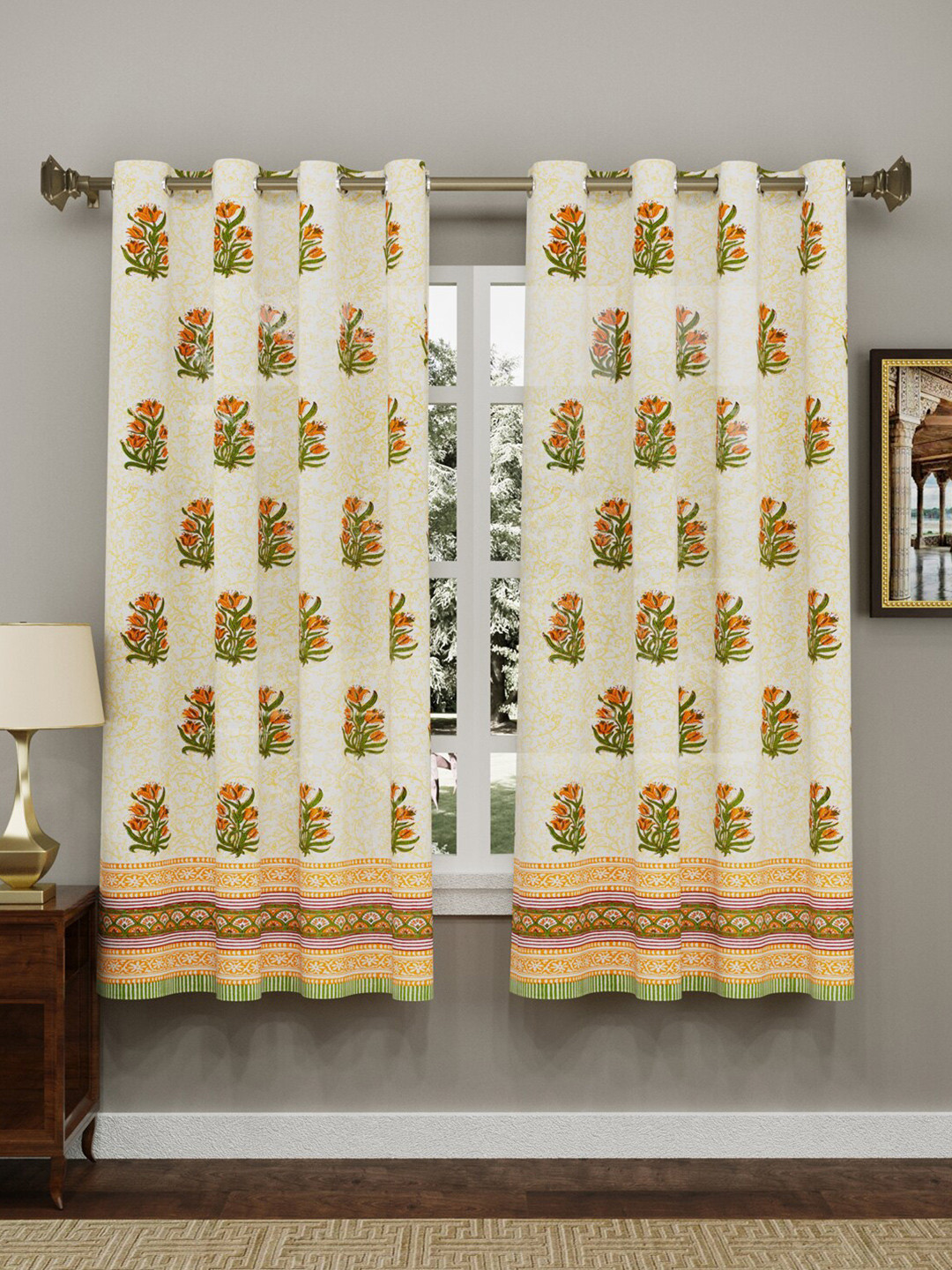 BLOCKS OF INDIA Yellow & Orange Set of 2 Floral Window Curtains