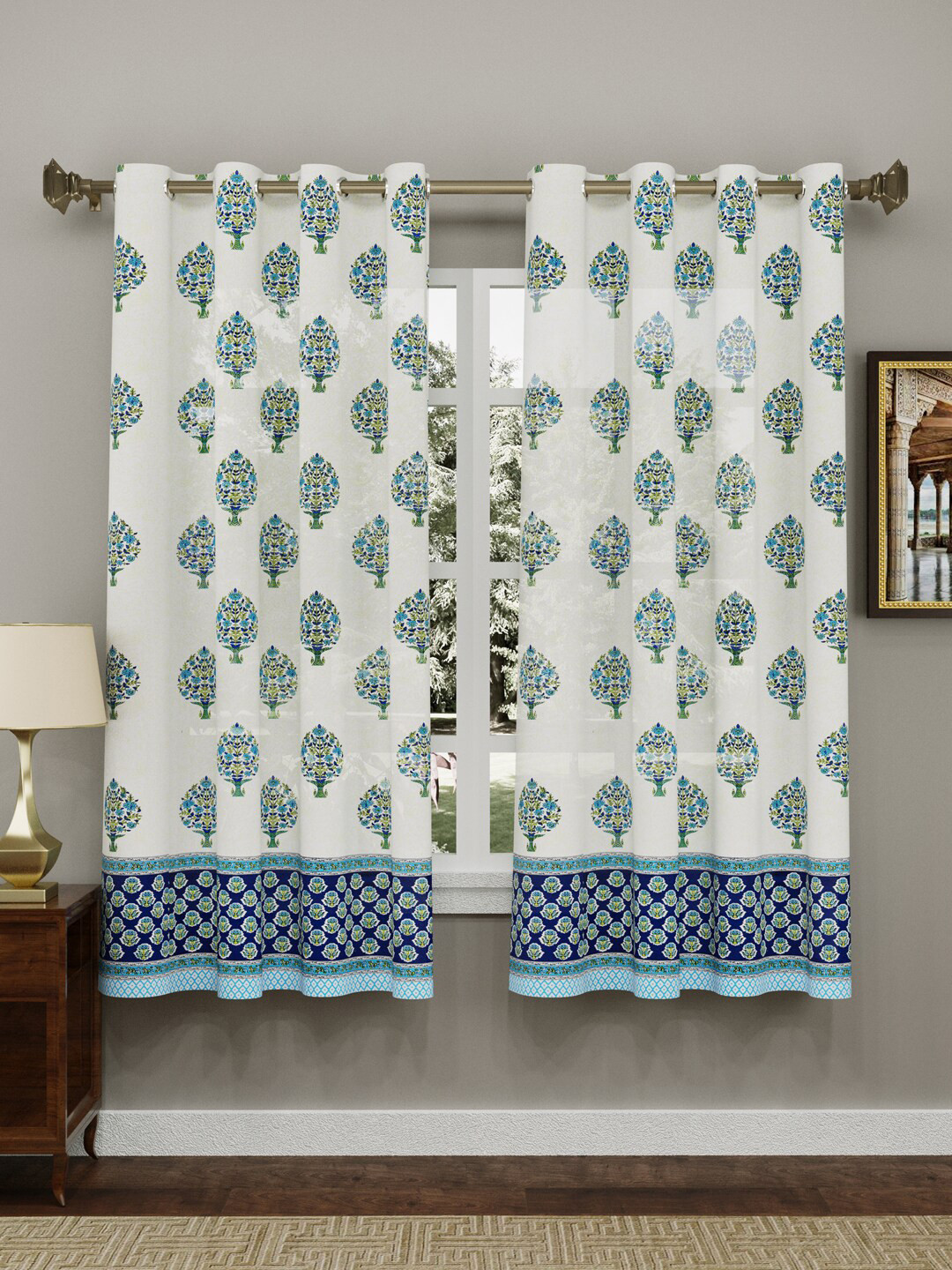 BLOCKS OF INDIA Blue & White Set of 2 Ethnic Motifs Window Curtains
